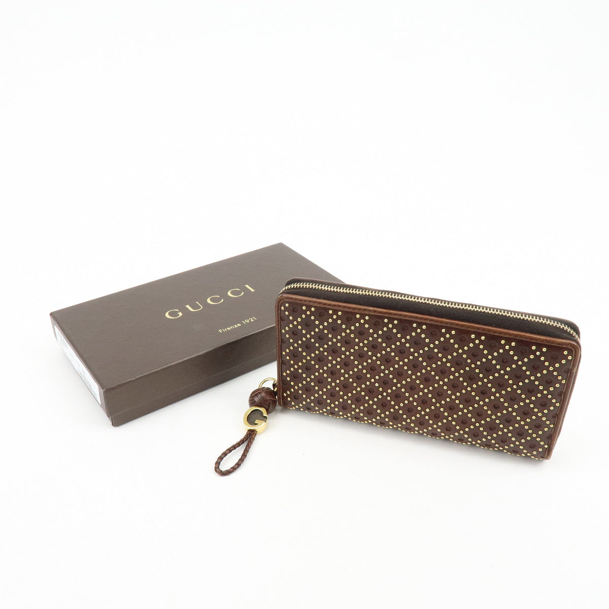 GUCCI Leather Round Zippy Long Wallet Studs Brown Gold 264733