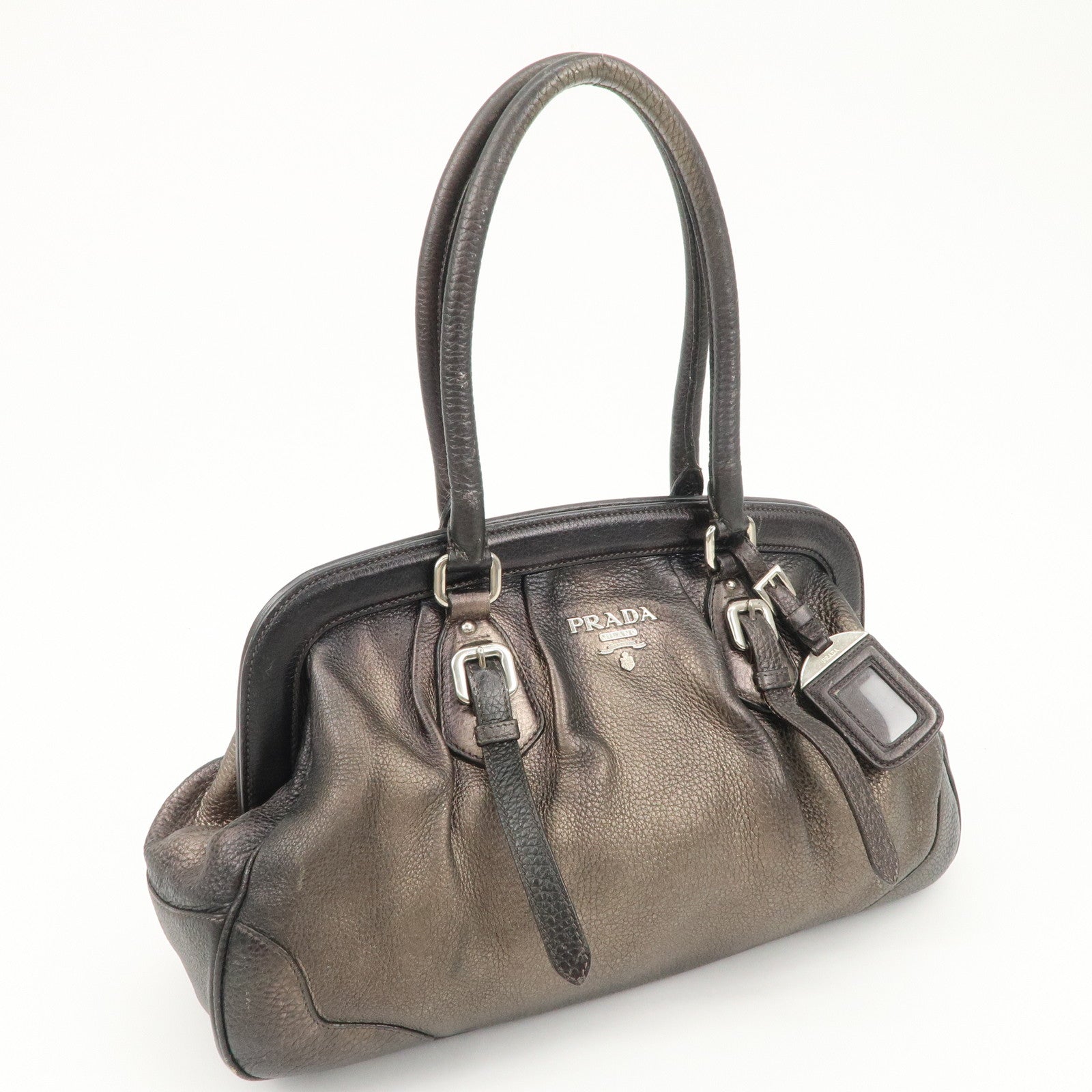 PRADA Logo Leather Shoulder Bag Hand Bag Bronze Used