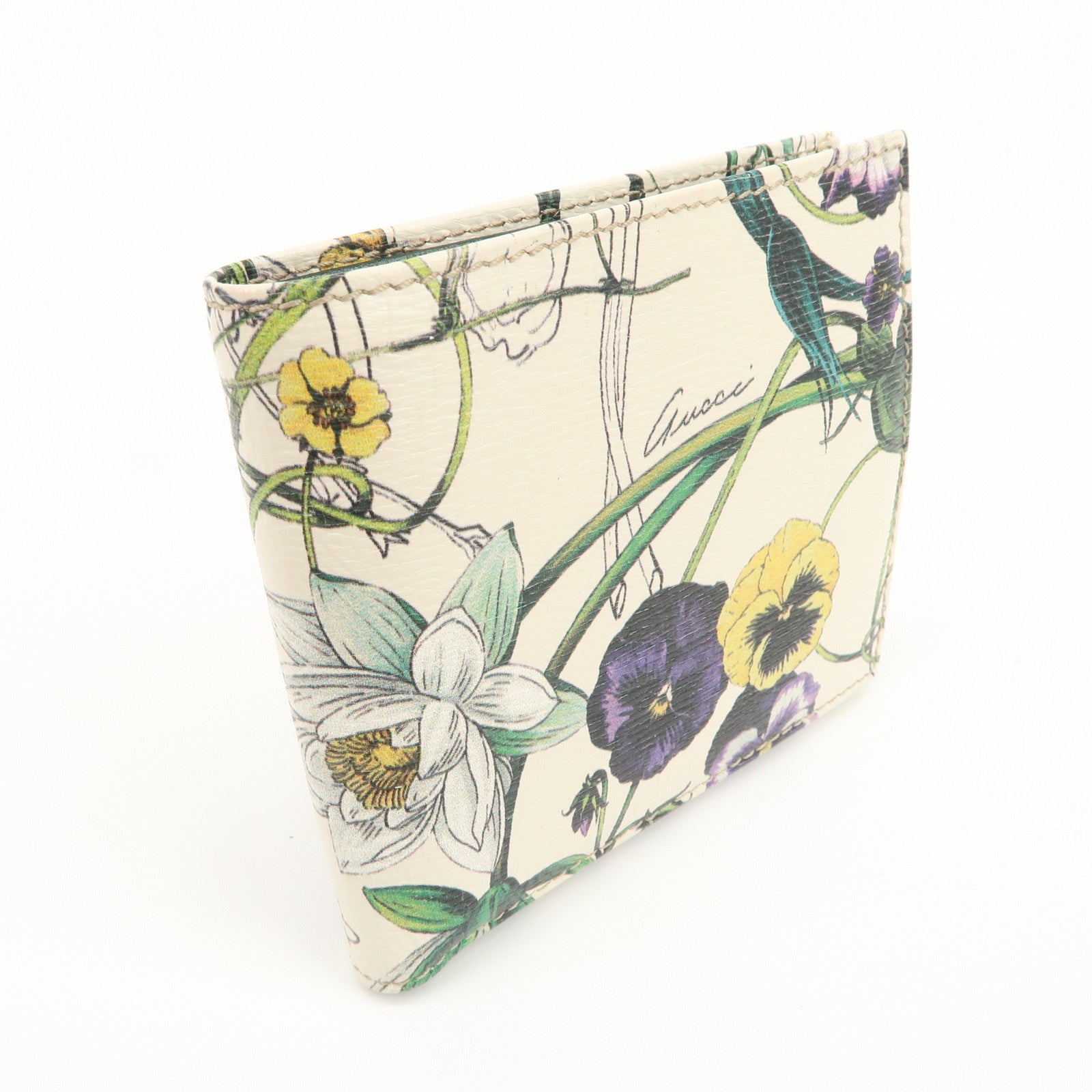 GUCCI GG Marmont Flora Canvas Leather Compact Wallet Ivory 04848