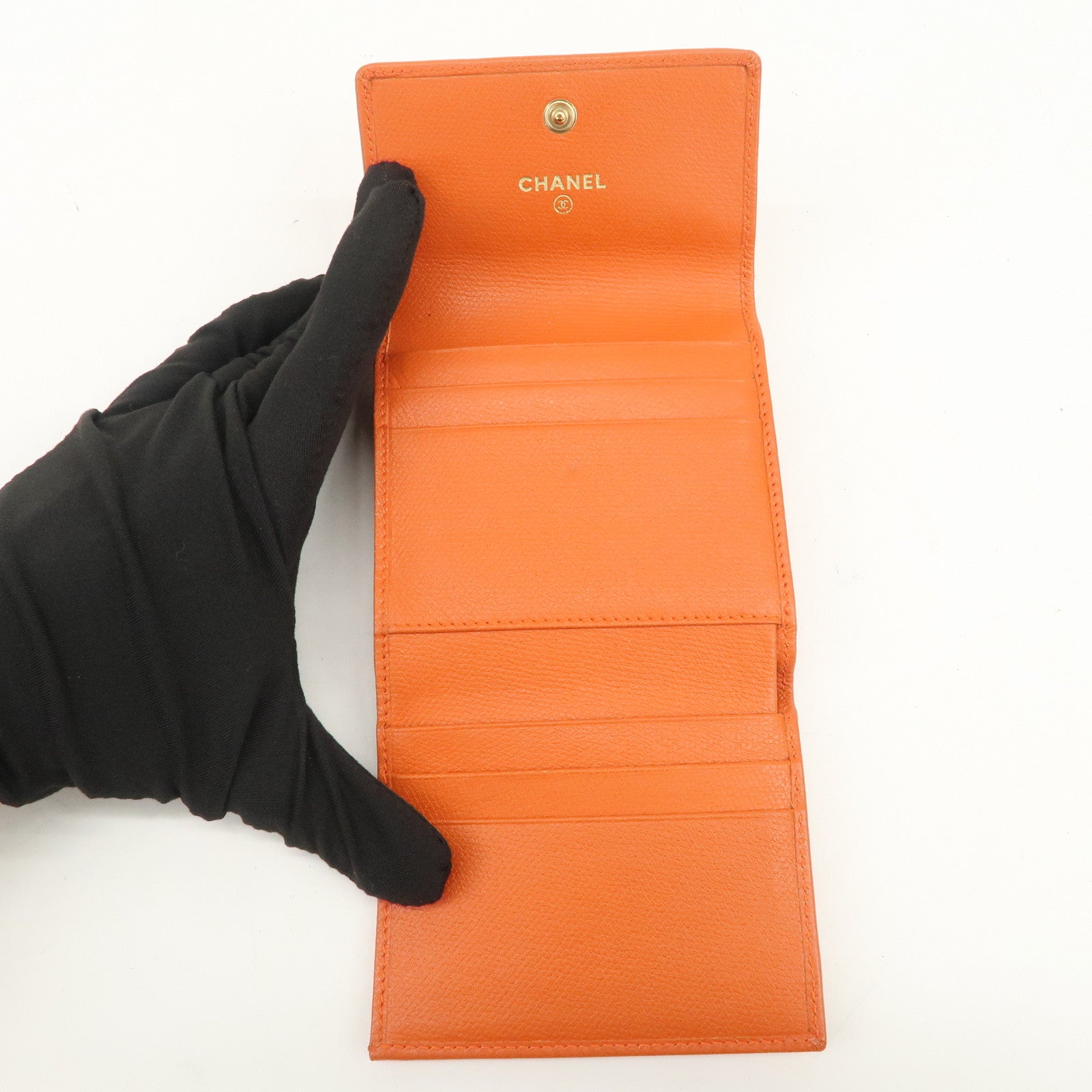 CHANEL COCO Button Leather W Hook Compact Wallet Orange A20902