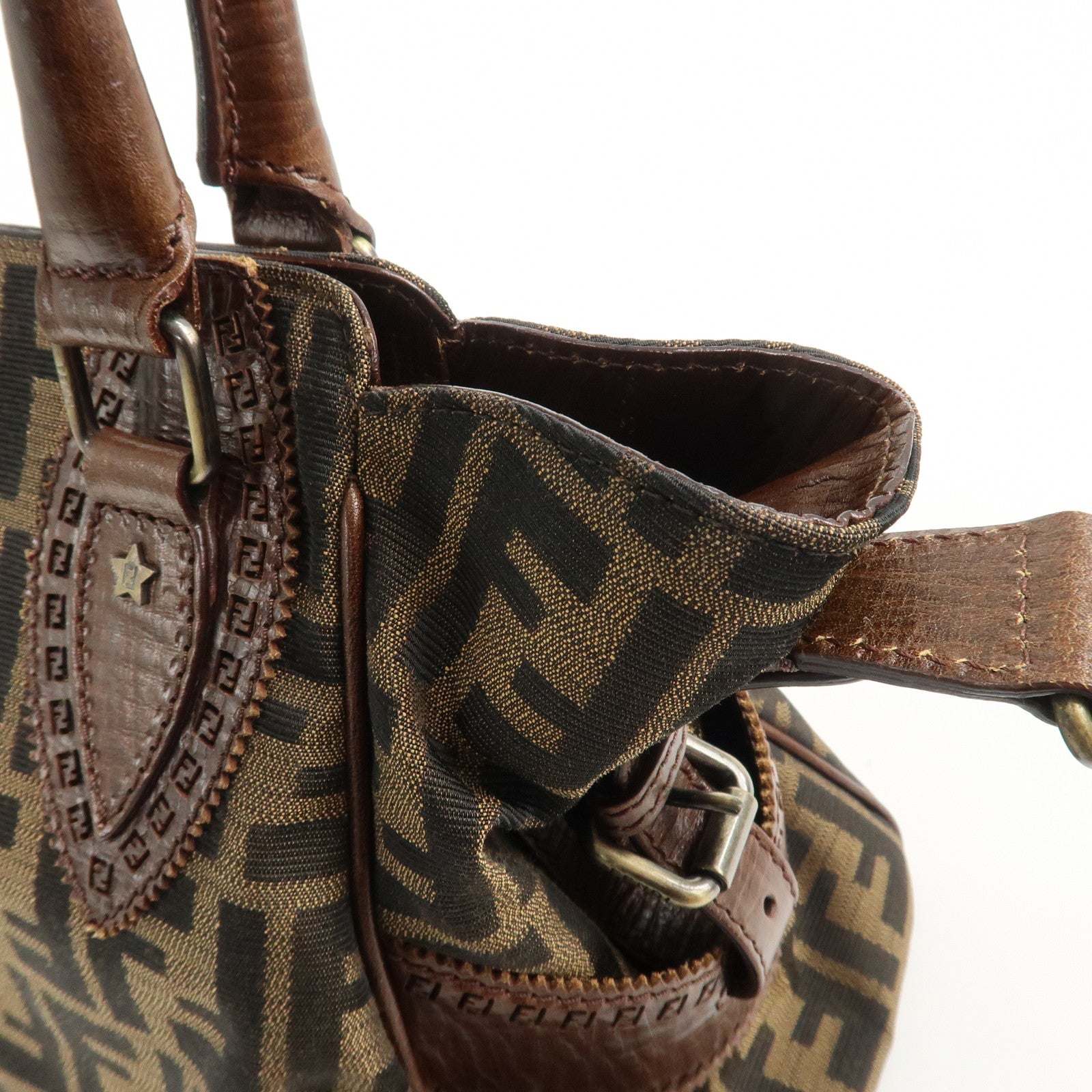 FENDI Ethnico Zucca Canvas Leather Shoulder Bag Brown 8BN157