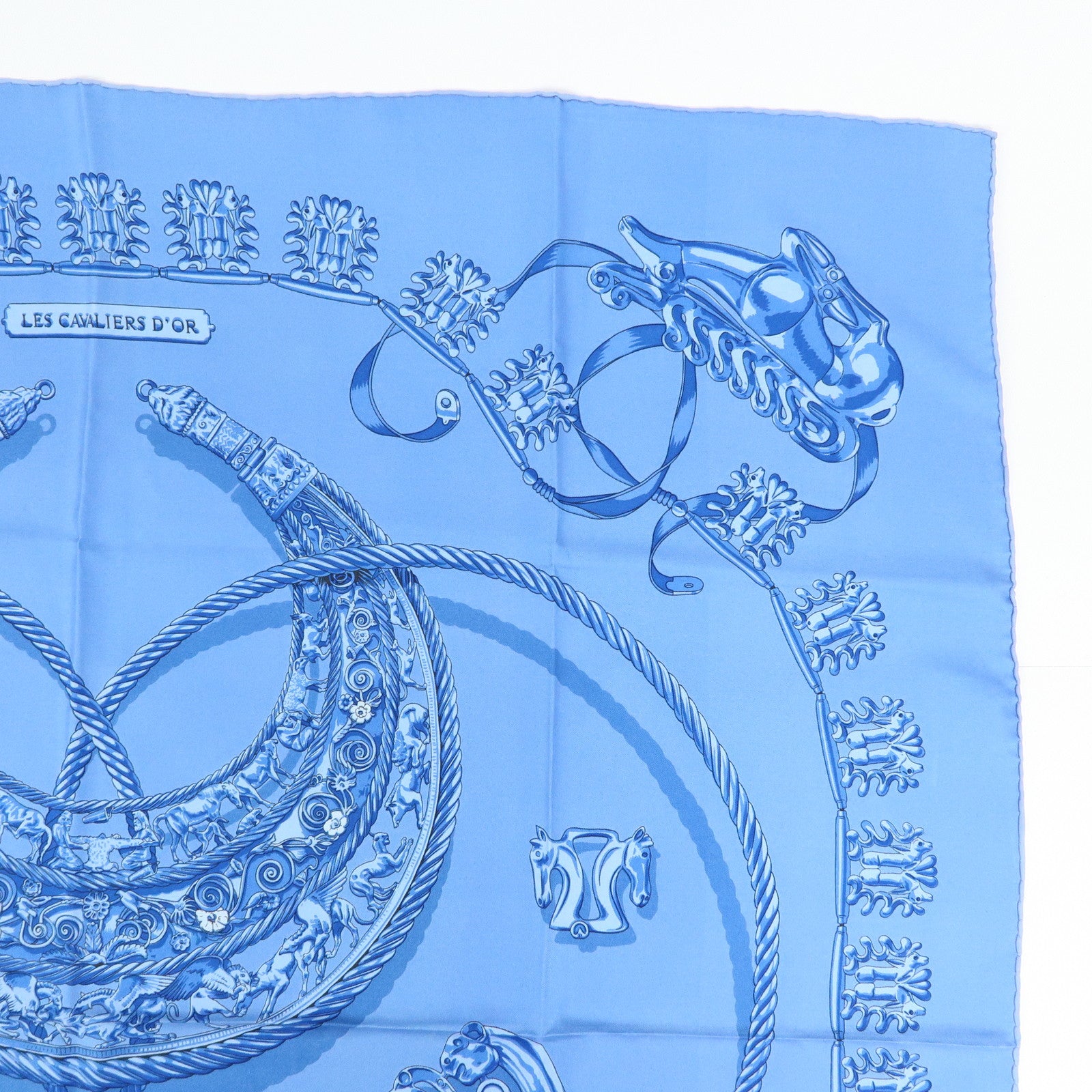 HERMES Carre 90 Silk 100% LES CAVALIERS D'OR Scarf Light Blue