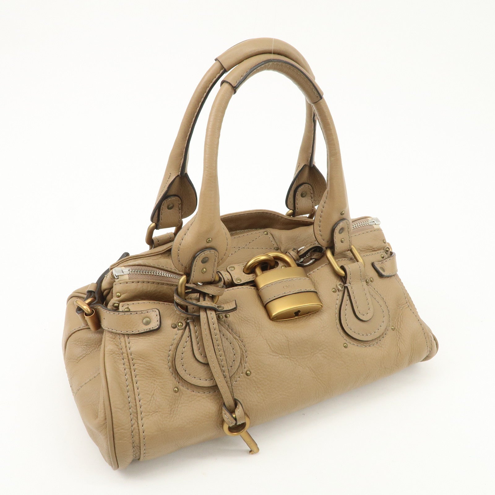 Chloe Paddington Leather Hand Bag Shoulder Bag Medium Beige Used