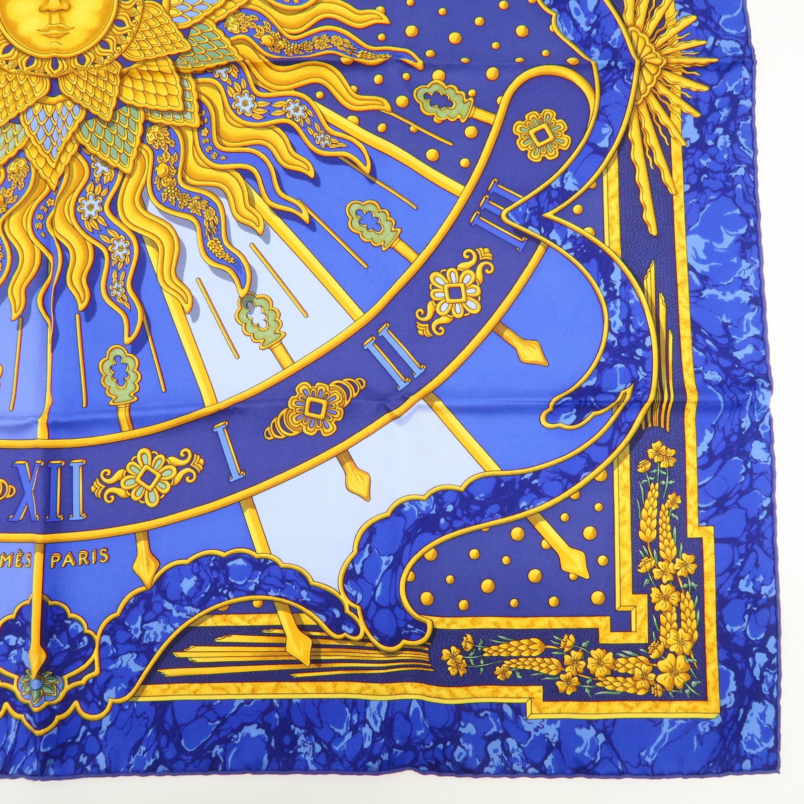 HERMES Carre 90 Silk 100% Scarf CARPE DIEM Blue Yellow