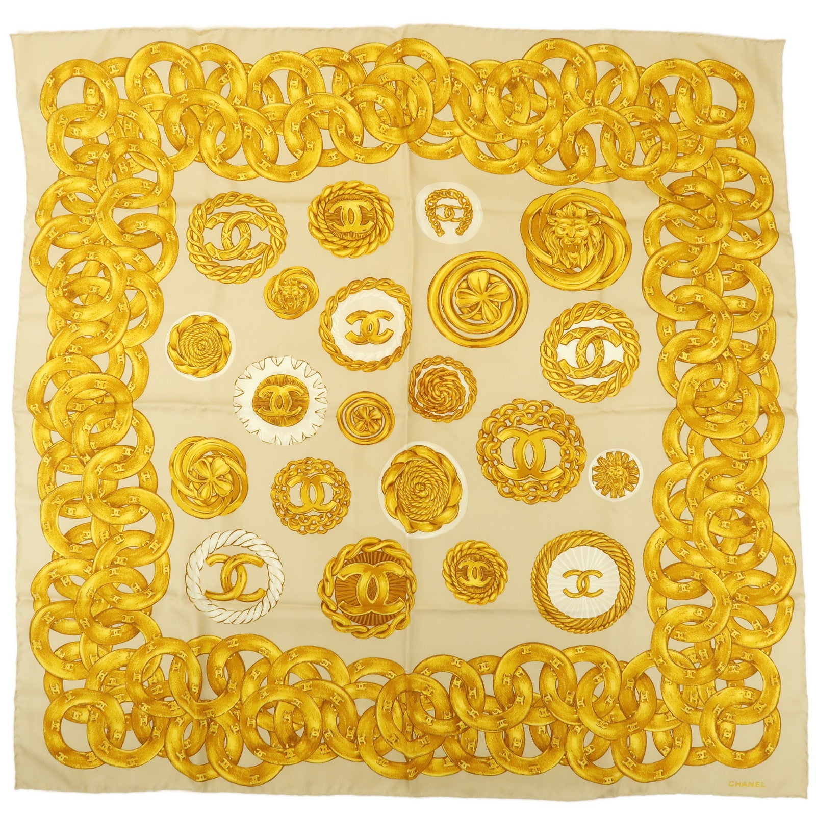 CHANEL COCO Mark Silk 100% Scarf Chain Pattern Yellow Beige