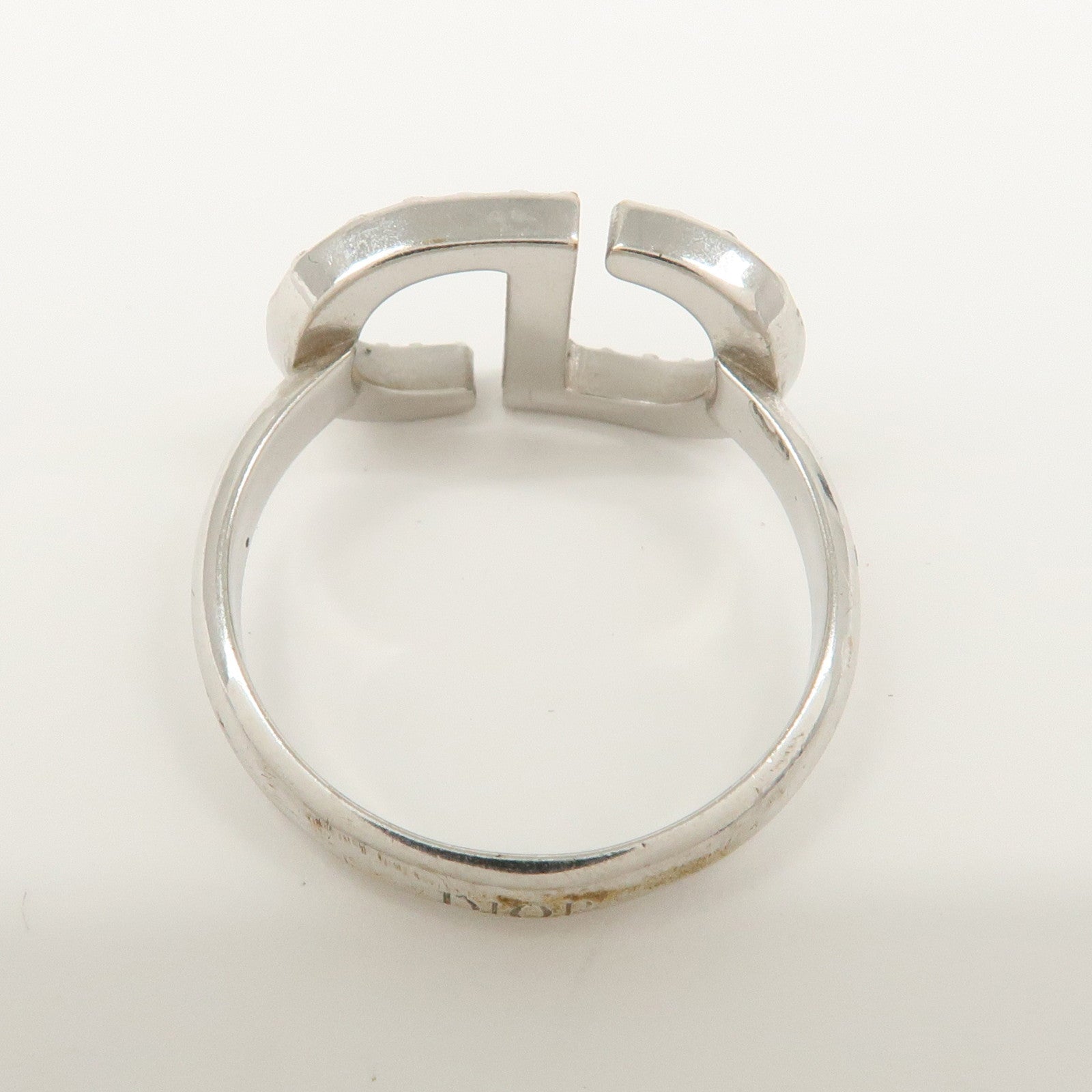 Christian Dior CD Logo Metal Rhinestone Ring Silver