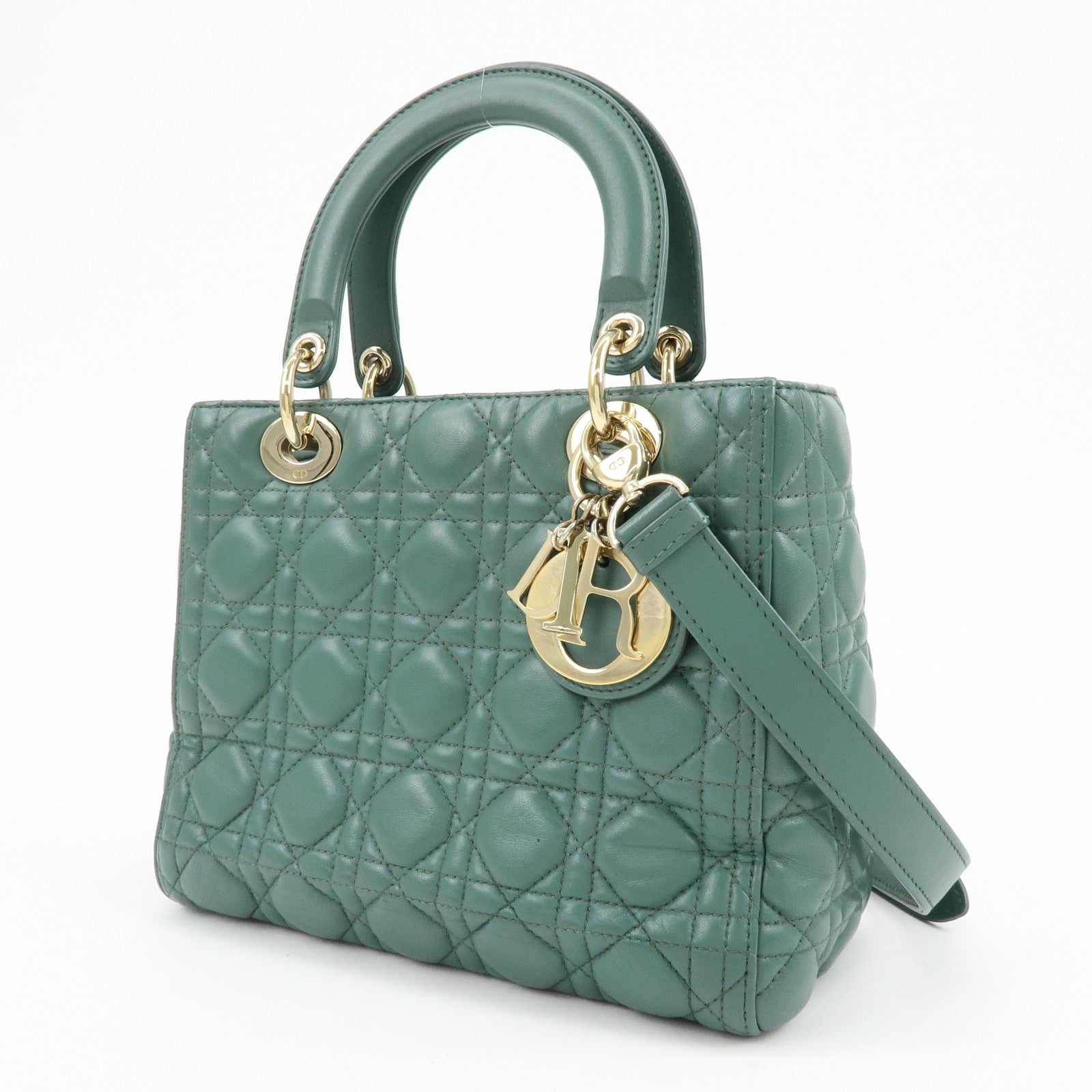 Christian Dior Lady Dior Cannage Lamb Skin 2Way Bag Hand Bag Green