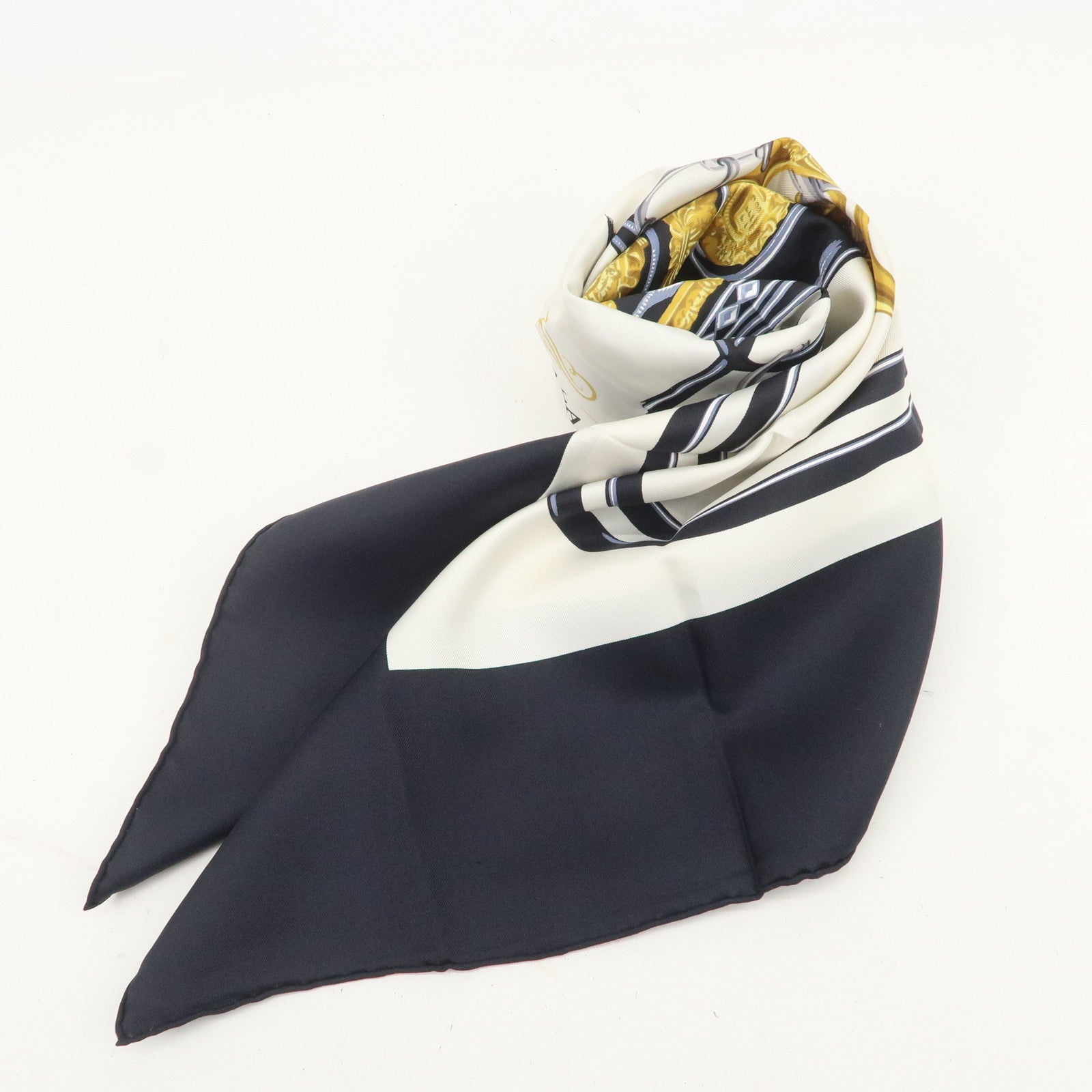 HERMES Carre 90 Silk 100% BRIDES DE GALA Scarf Black Gold