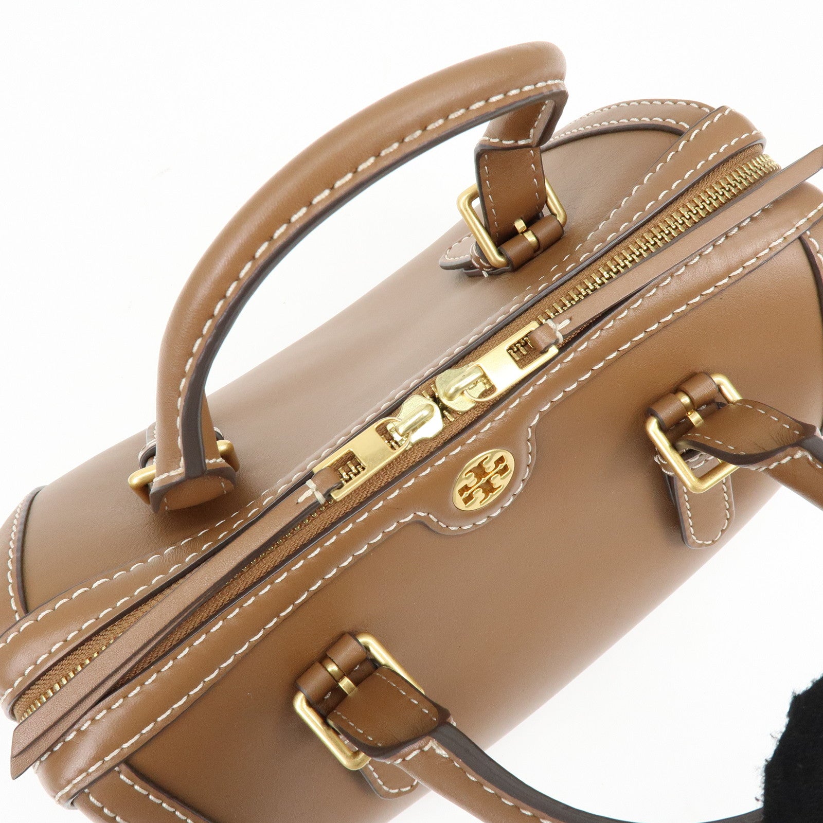 TORY BURCH T Monogram Leather 2Way Bag Barrel Shoulder Bag Brown