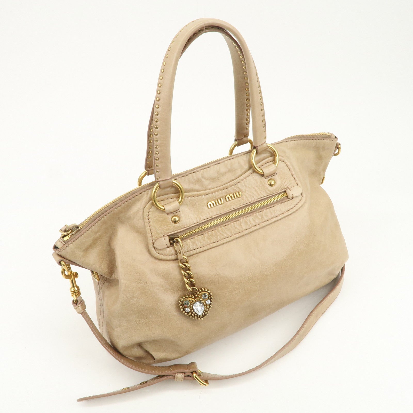 MIU MIU Logo Leather 2Way Bag Hand Bag Shoulder Bag Beige RN0728