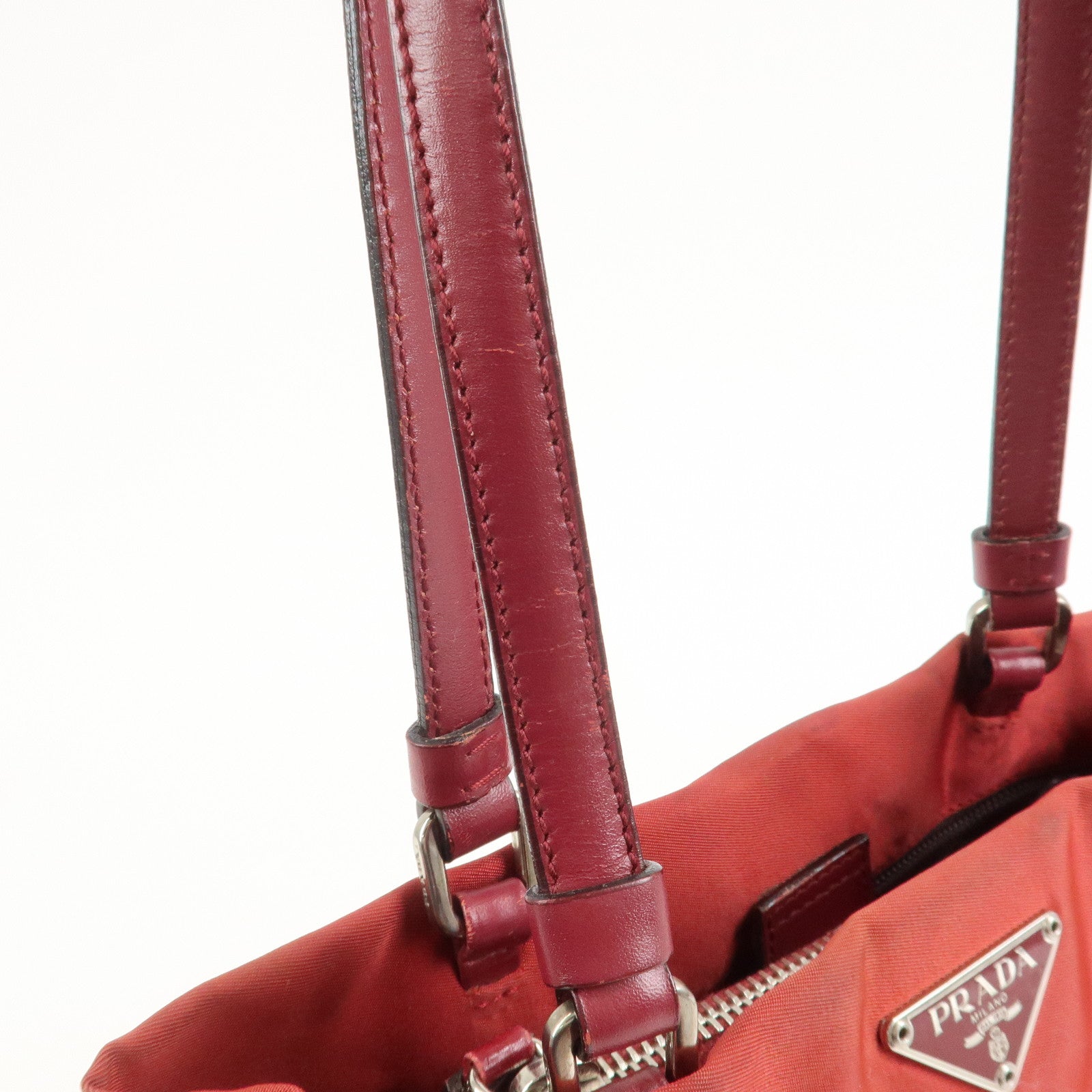 PRADA Triangle Logo Nylon Leather Tote Bag Shoulder Bag Red
