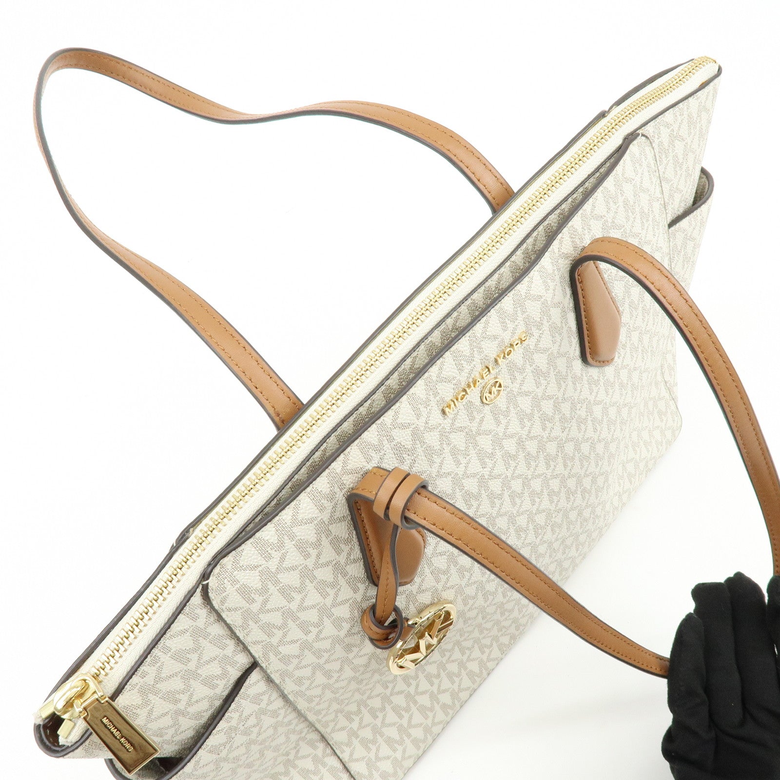 MICHAEL KORS MK Signature PVC Leather Shoulder Bag Ivory Brown