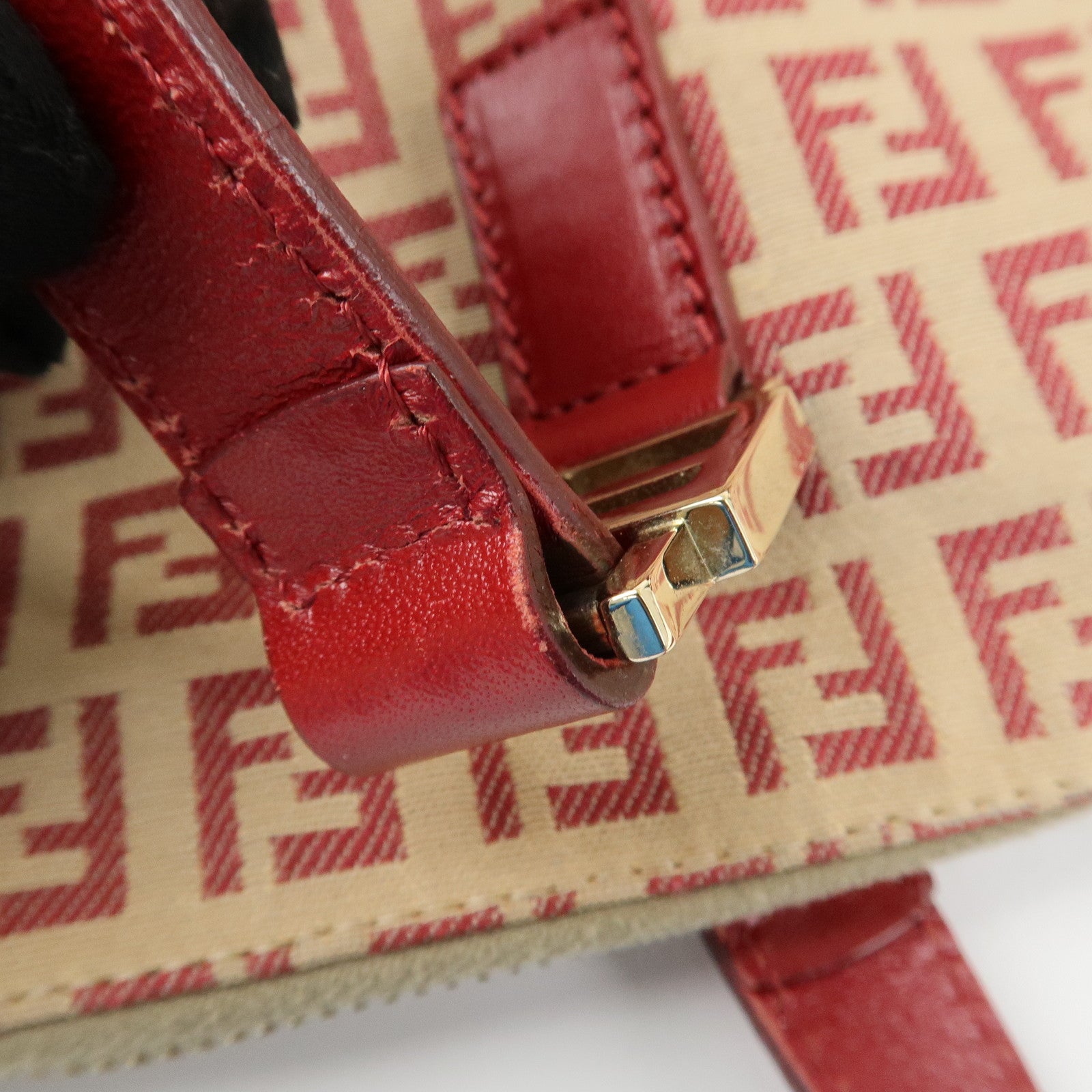 FENDI Zucchino Canvas Leather Hand Bag Beige Red 8BH134 Used