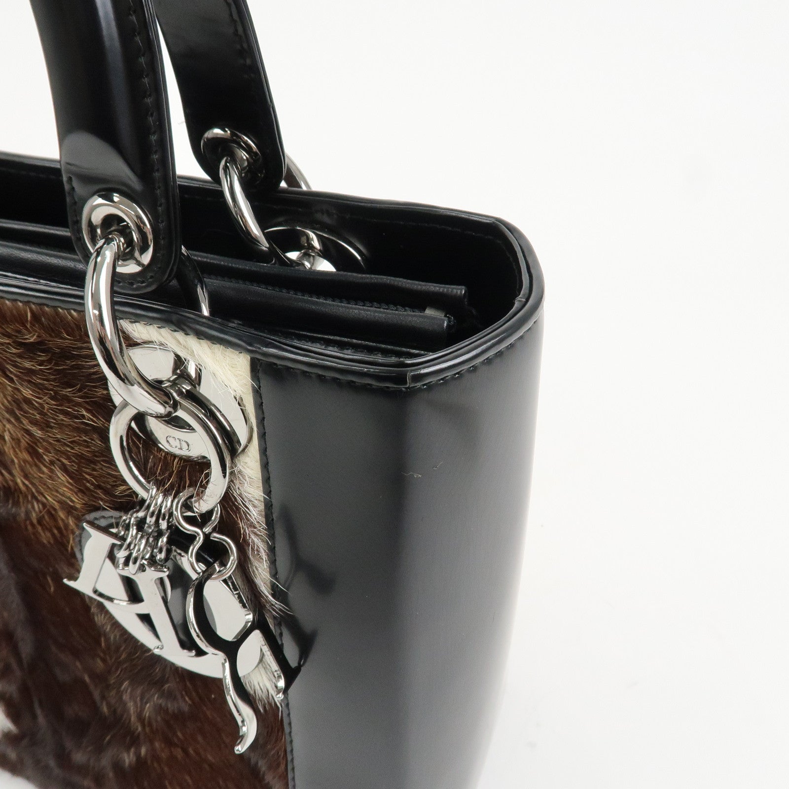 Christian Dior Lady Dior Unborn Calf Patent Leather Hand Bag Black
