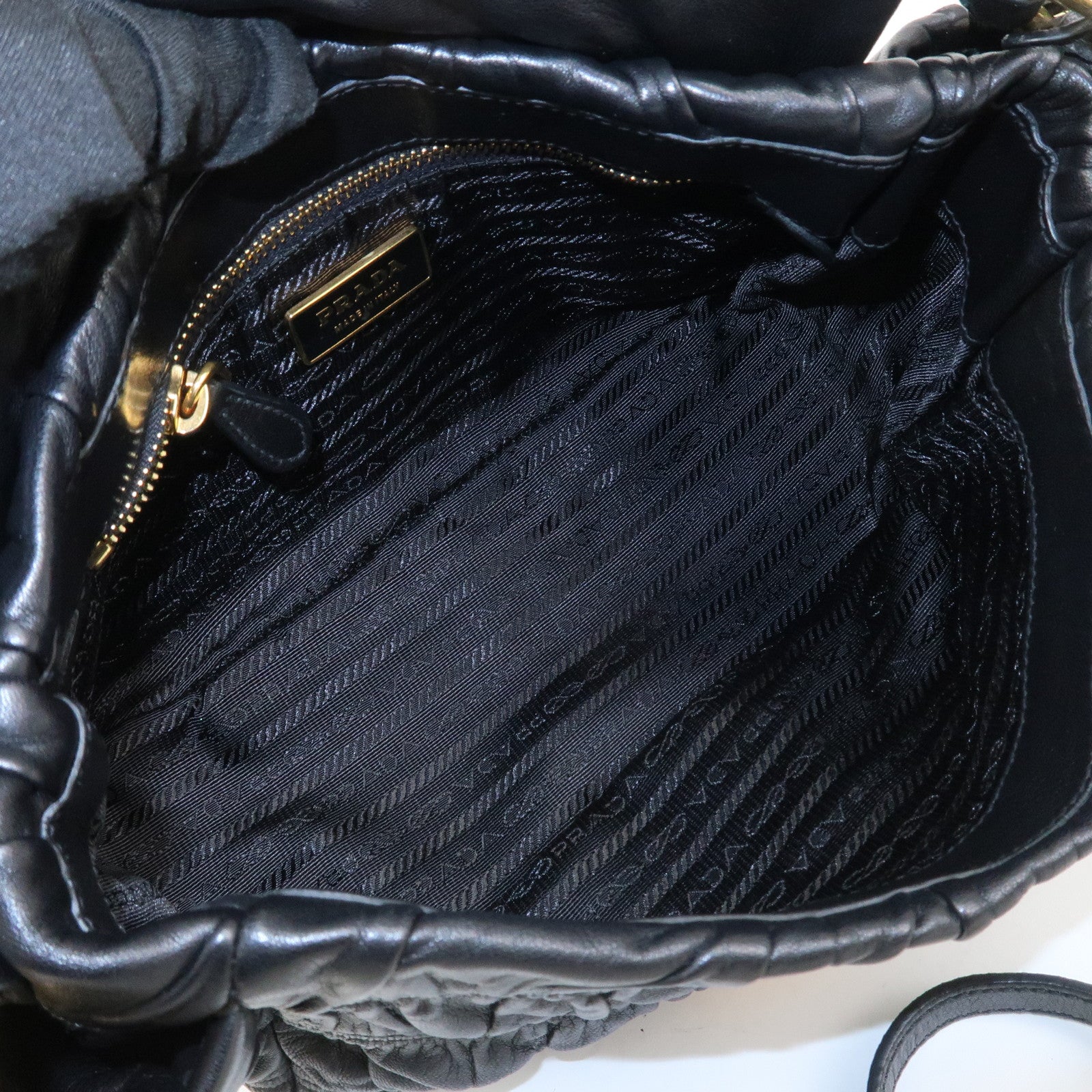 PRADA Logo Gathered Leather 2Way Bag Hand Bag Shoulder Bag Black