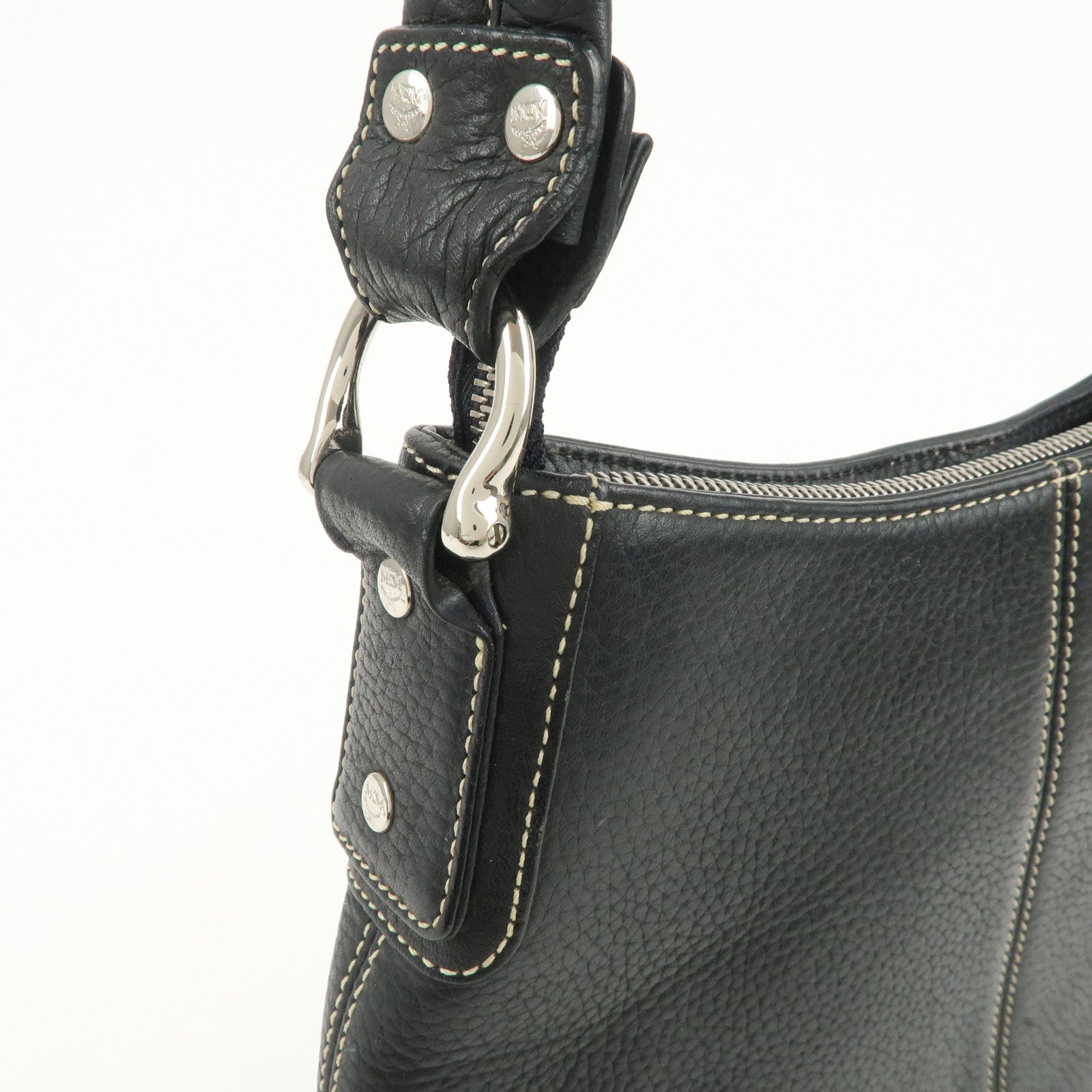 MCM Logo Plate Leather Shoulder Bag Hand Bag Black