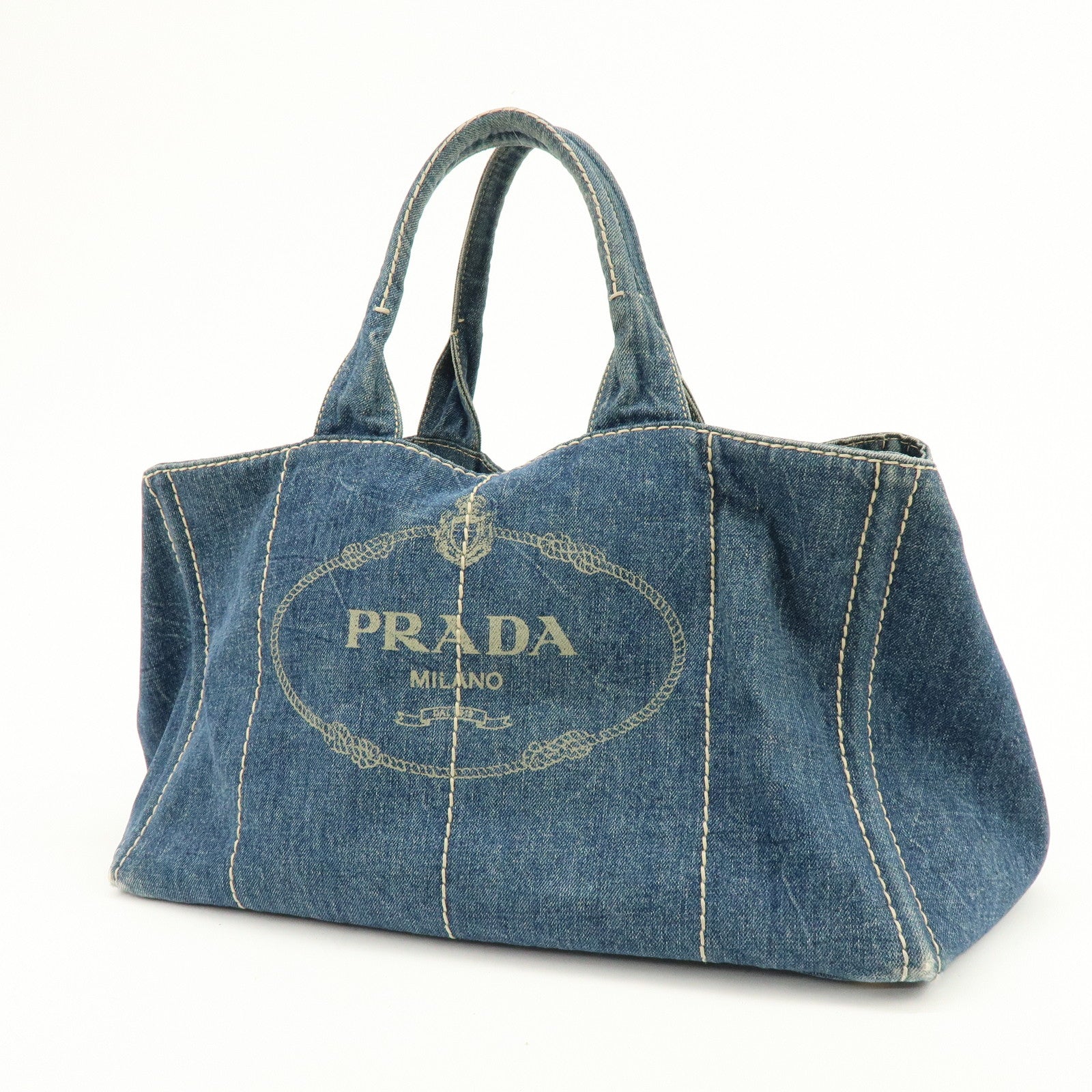 PRADA Logo Canapa Canvas Denim Large Tote Hand Bag Blue BN1872