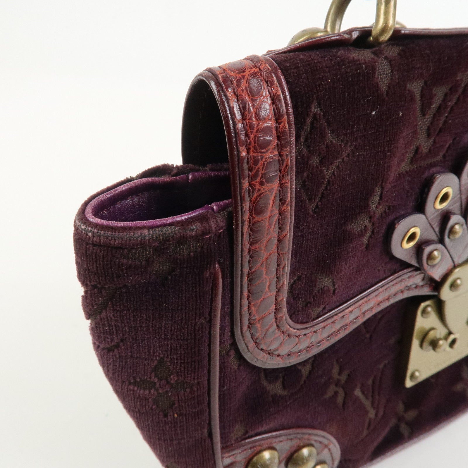 Louis Vuitton Monogram Vleur Velvet Leather Hand Bag Burgundy
