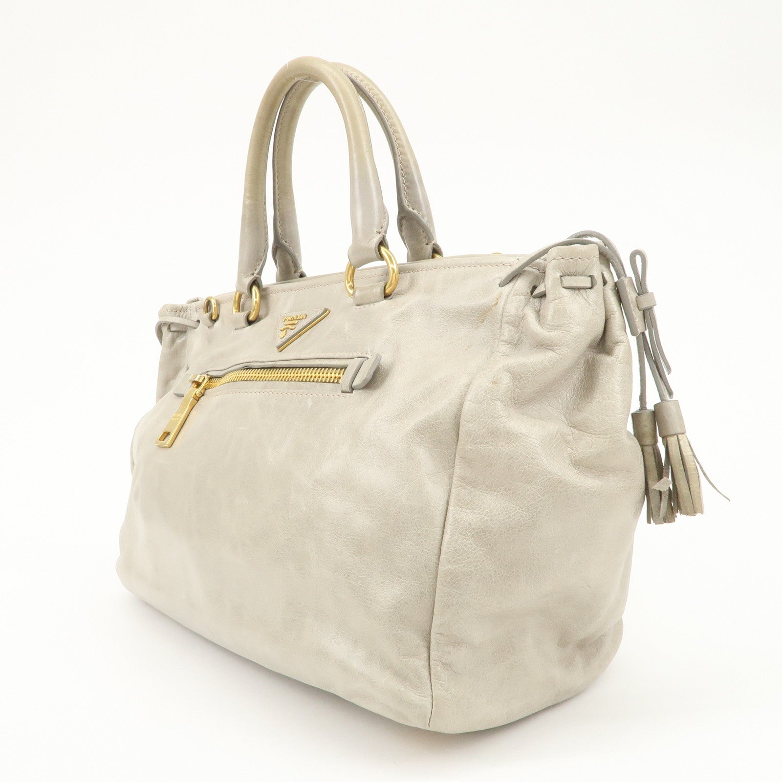 PRADA Triangle Logo VITELLOSHINE Leather 2Way Bag Hand Bag Gray BN1921 Used