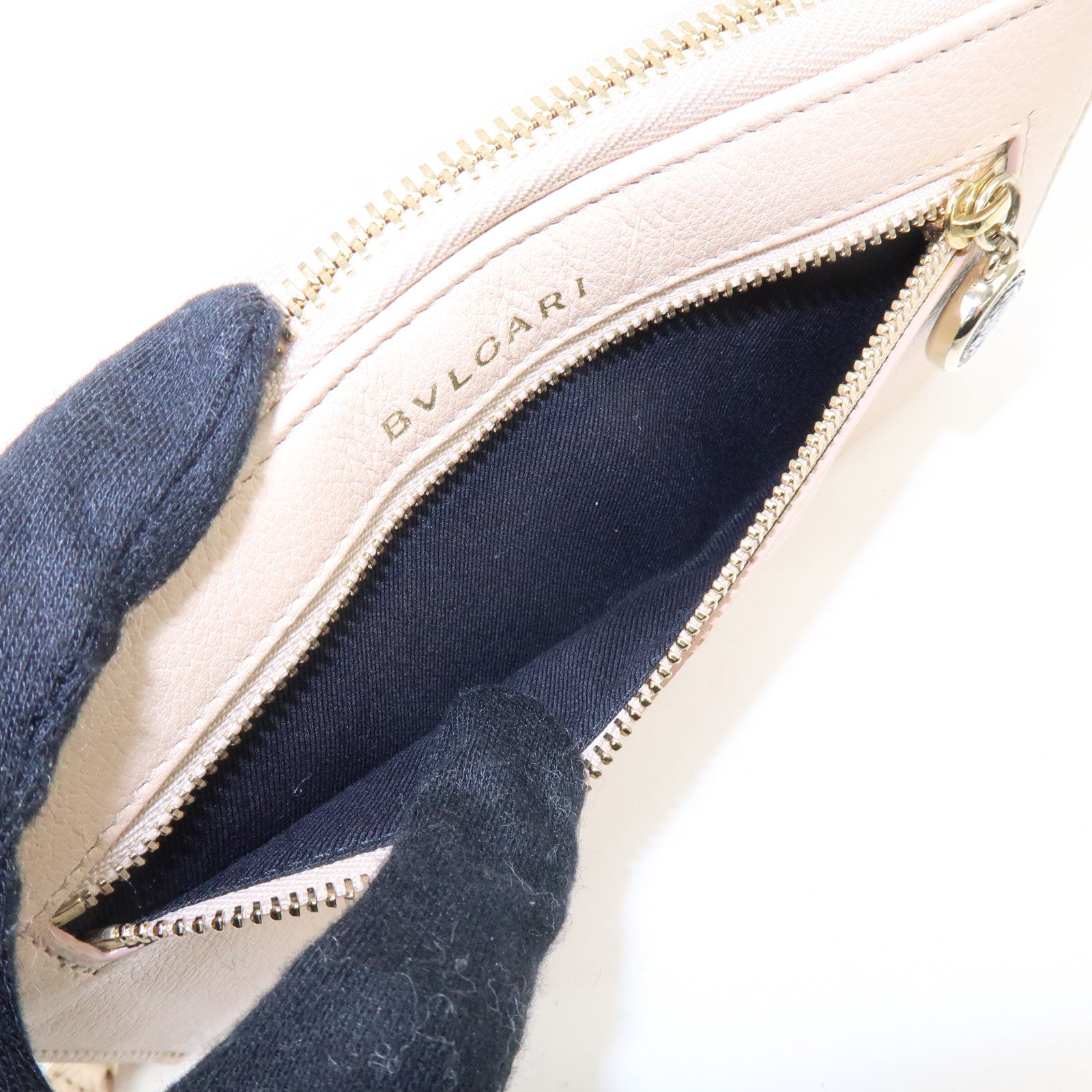 BVLGARI Logo Leather Round Zippy Long Wallet Pink Beige