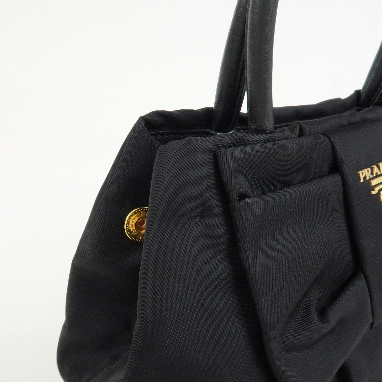 PRADA Nylon Leather Ribbon Hand Bag Tote Bag Black BN1601