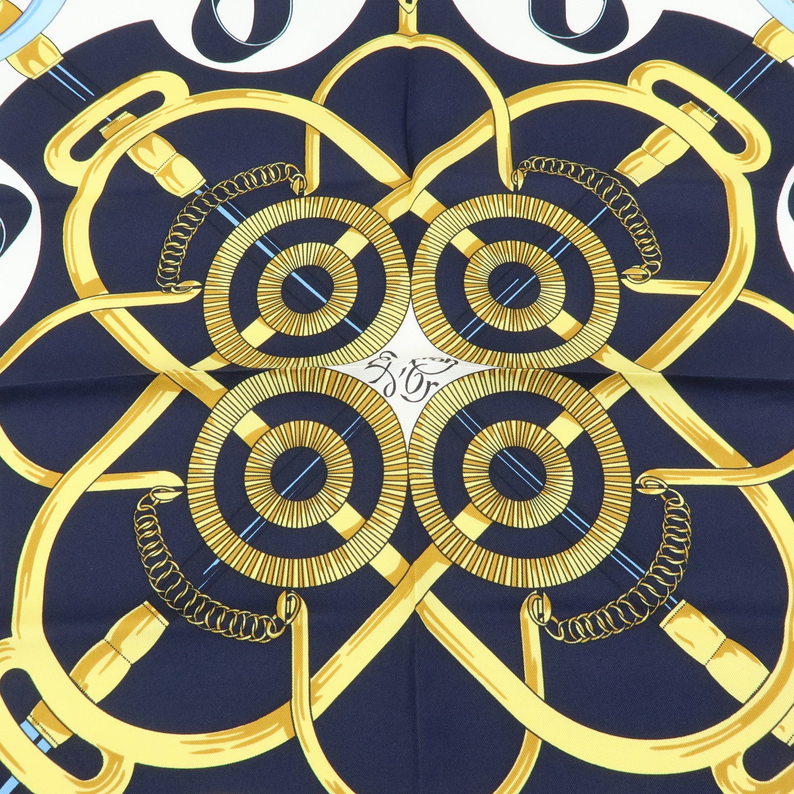 HERMES Carre 90 Silk 100% Scarf Eperon d'or Navy White Yellow Red