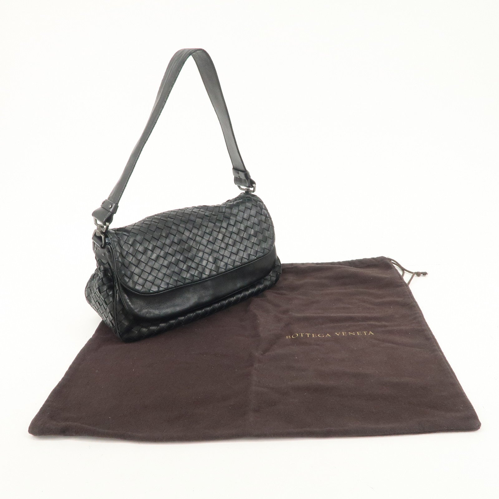 BOTTEGA VENETA Intrecciato Leather Shoulder Bag Black 142468 Used