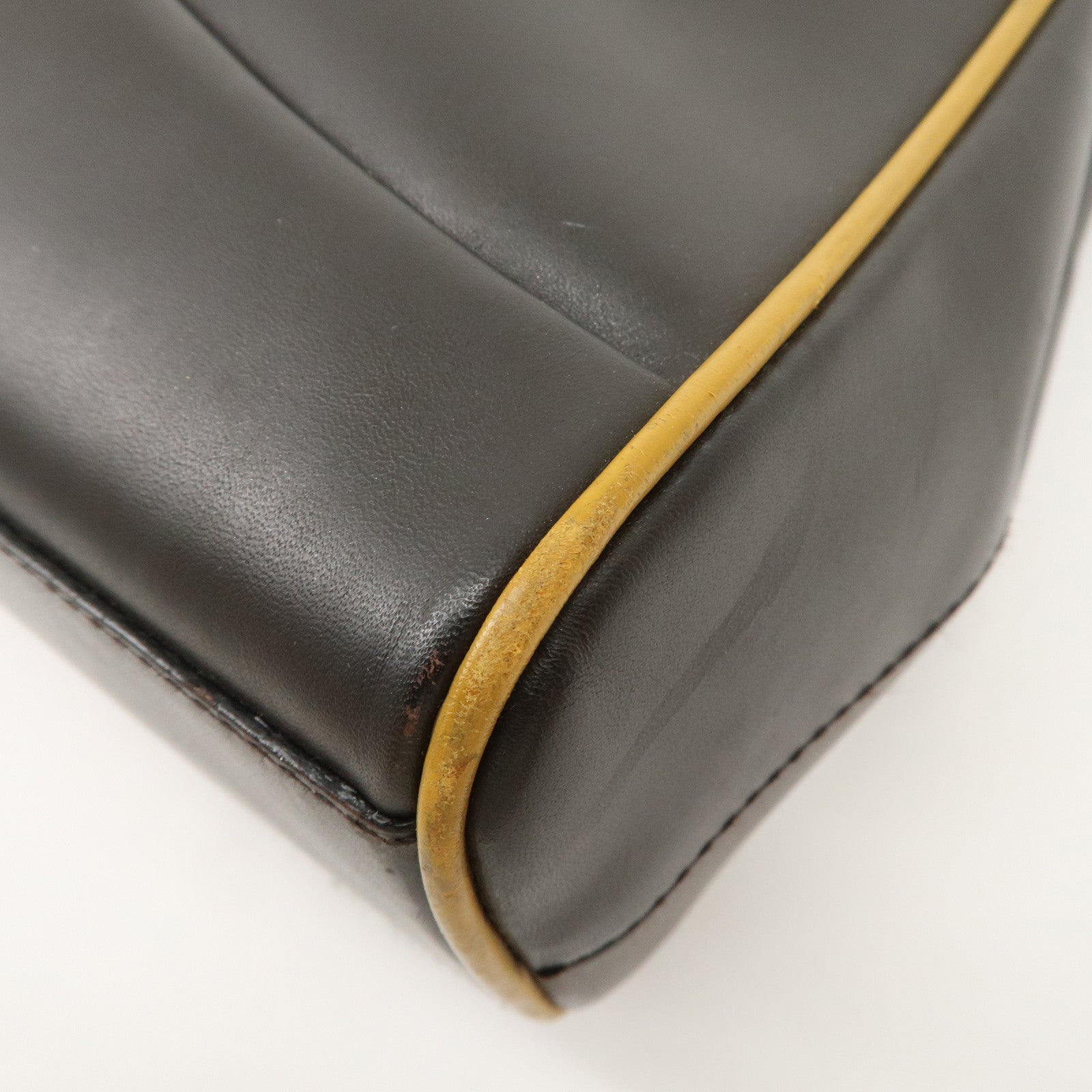 PRADA Triangle Logo Leather Tote Bag Hand Bag Beige Dark Brown Used
