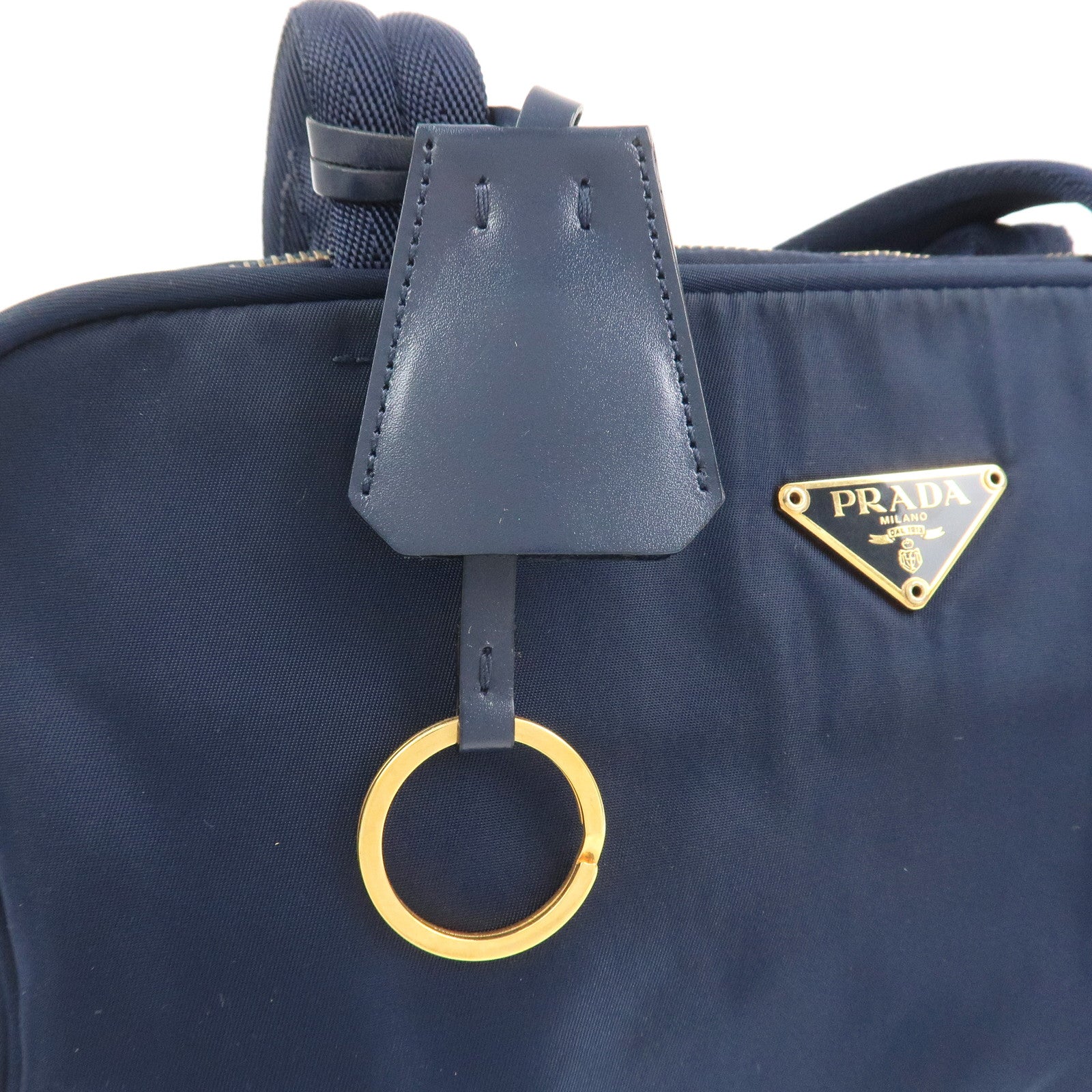 PRADA Triangle Logo Nylon Leather Hand Bag Navy