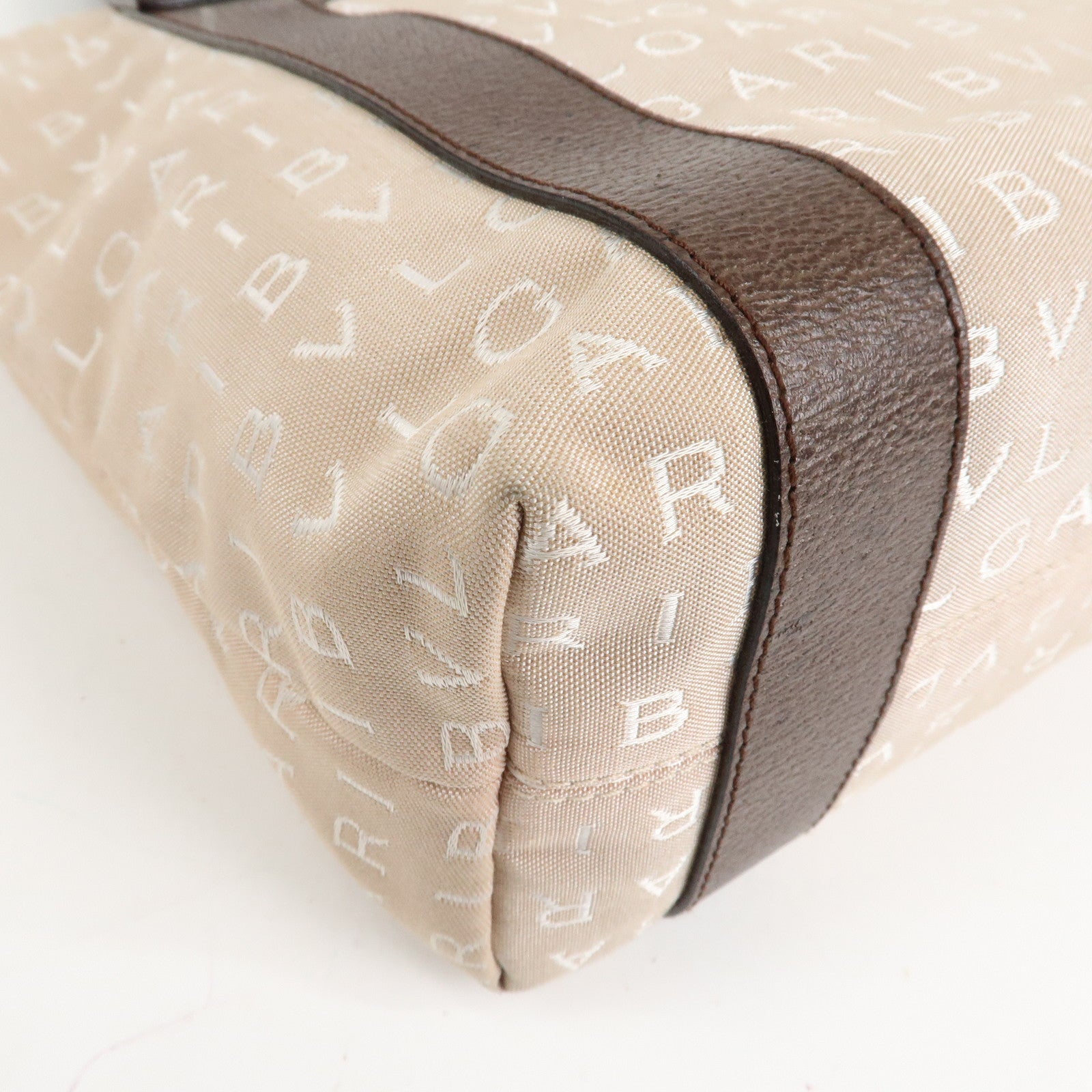 BVLGARI Logo Mania Canvas Leather Tote Bag Beige Dark Brown Silver HDW Used