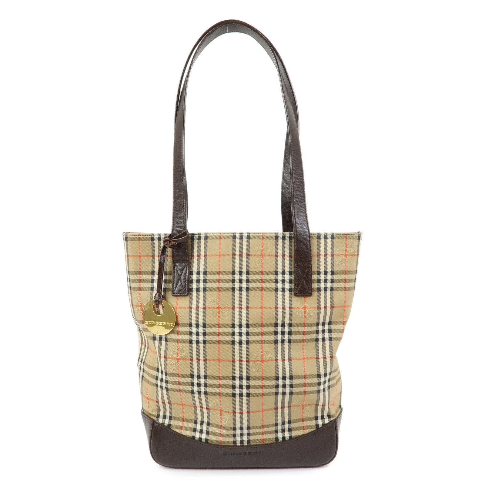 BURBERRY Nova Plaid Canvas Leather Tote Bag Shoulder Bag Beige