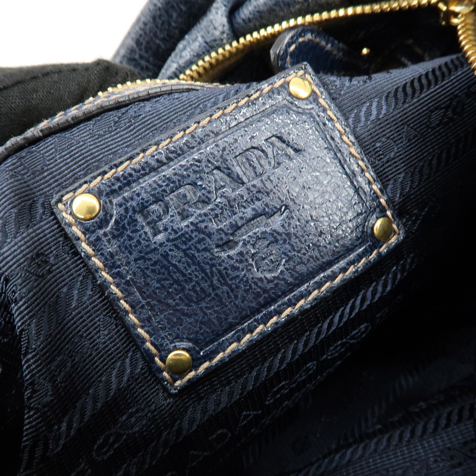 PRADA Logo Shiny Coated Leather Shoulder Bag Hand Bag Navy BR4070