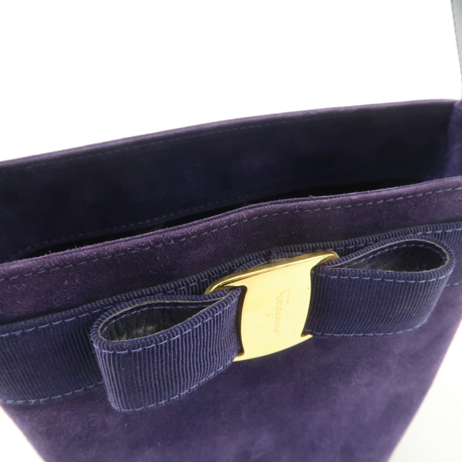 Ferragamo Vara Ribon Suede Hand Bag Purple Gold Hardware Used