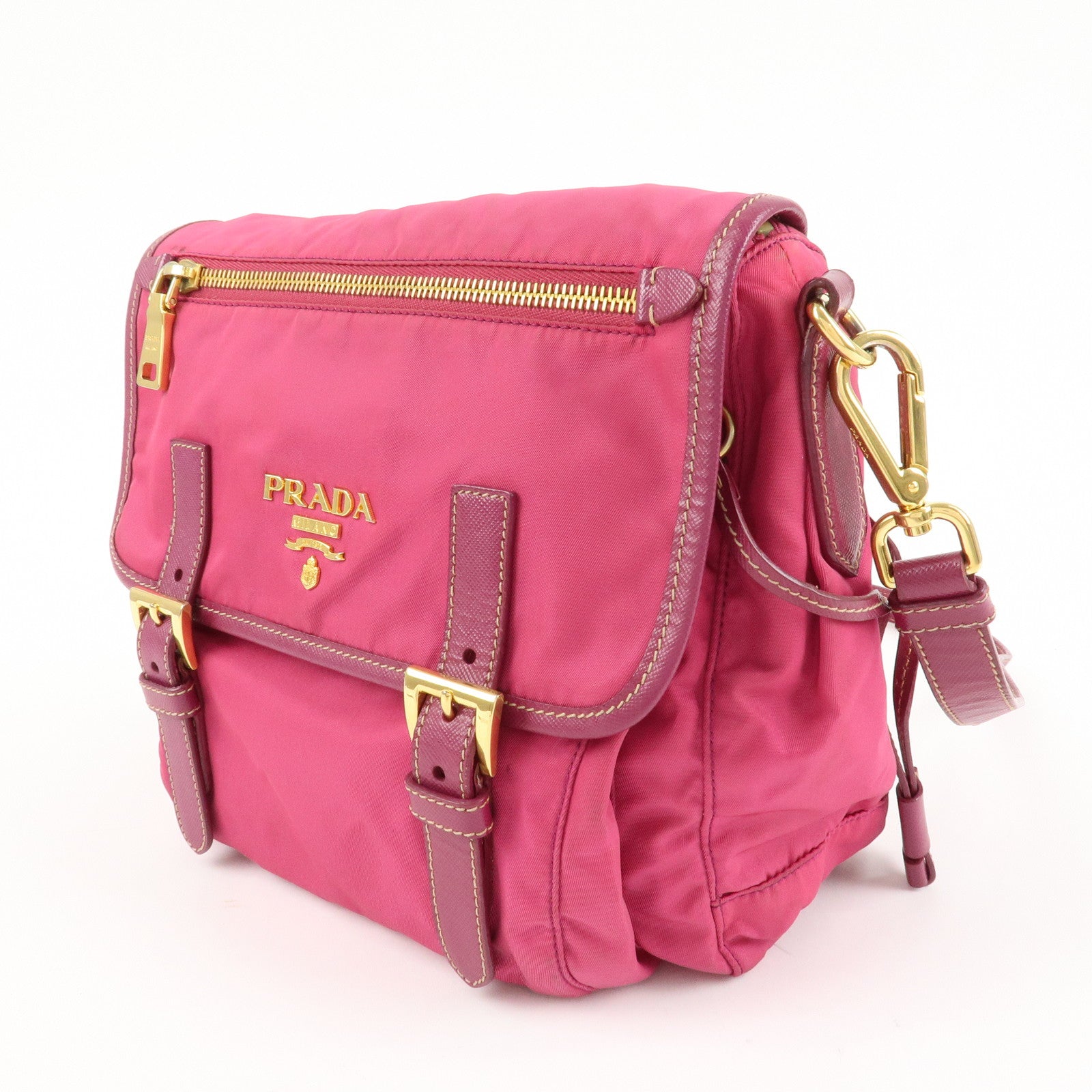 PRADA Nylon Saffiano Leather Flap Messenger Shoulder Bag Pink BT0697 Used