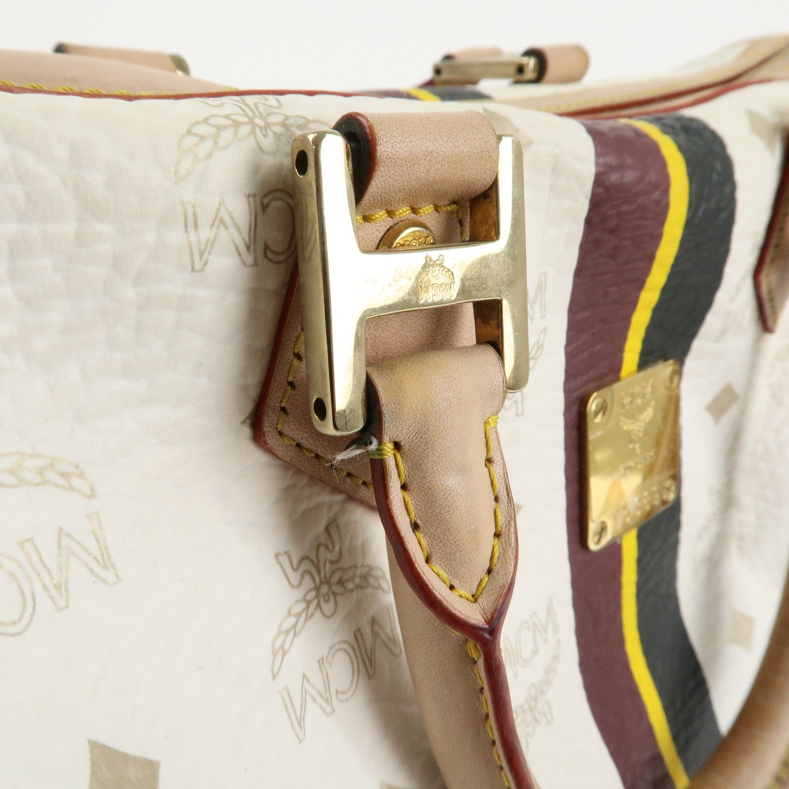 MCM Visetos Leather Boston Bag Hand Bag Beige White Used