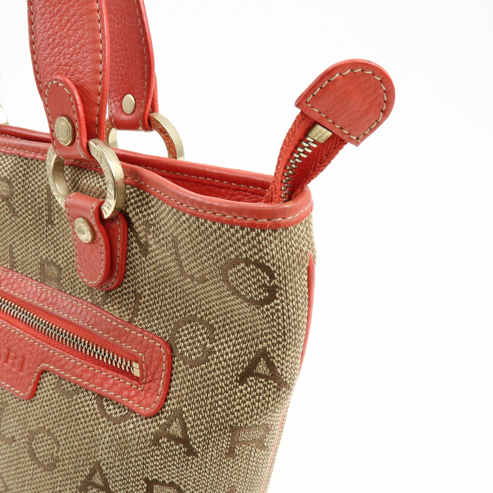 BVLGARI Logo Mania Jacquard Leather Tote Bag Hand Bag Beige Red