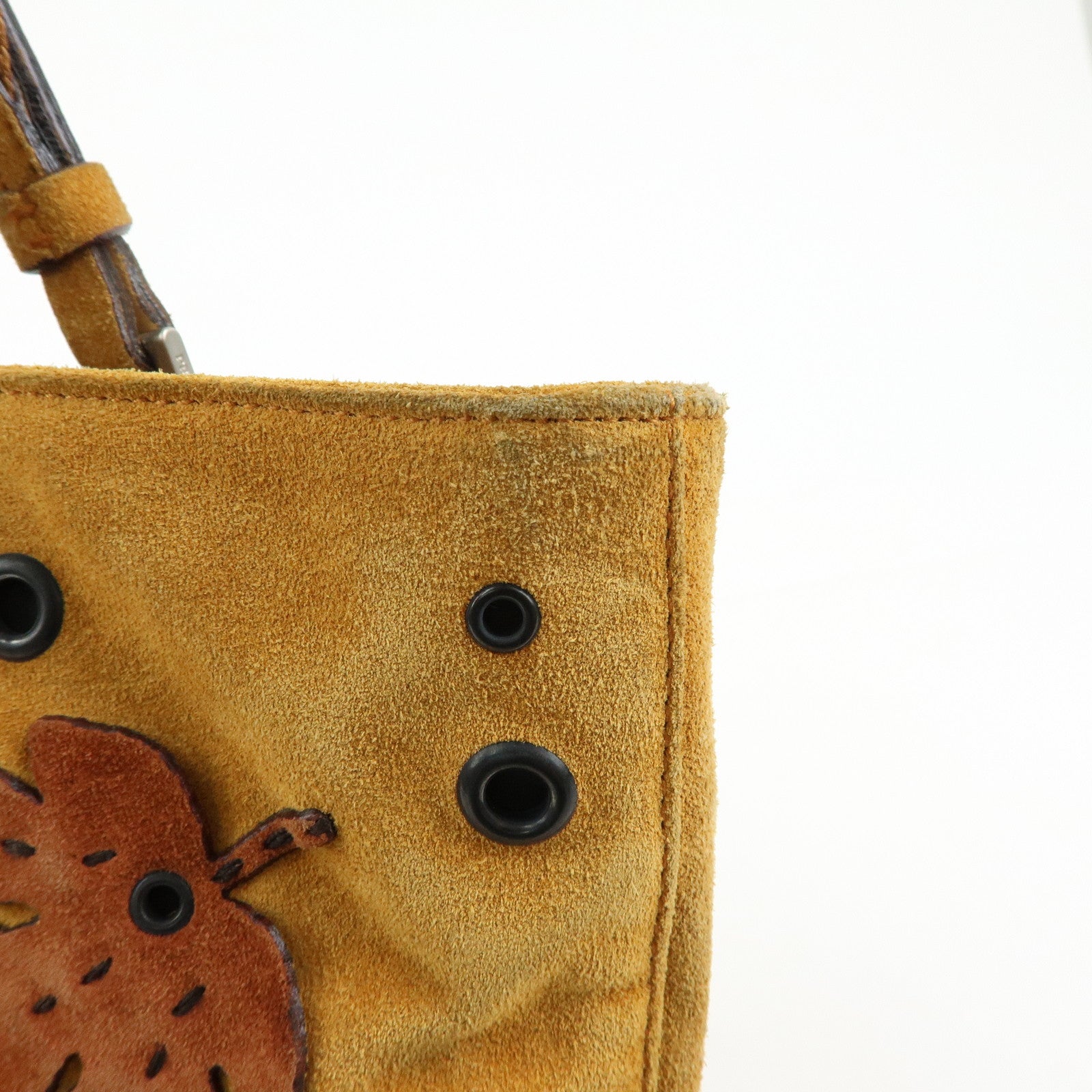 PRADA Suede Leather Hand Bag Tote Bag Maple Motif Yellow Beige