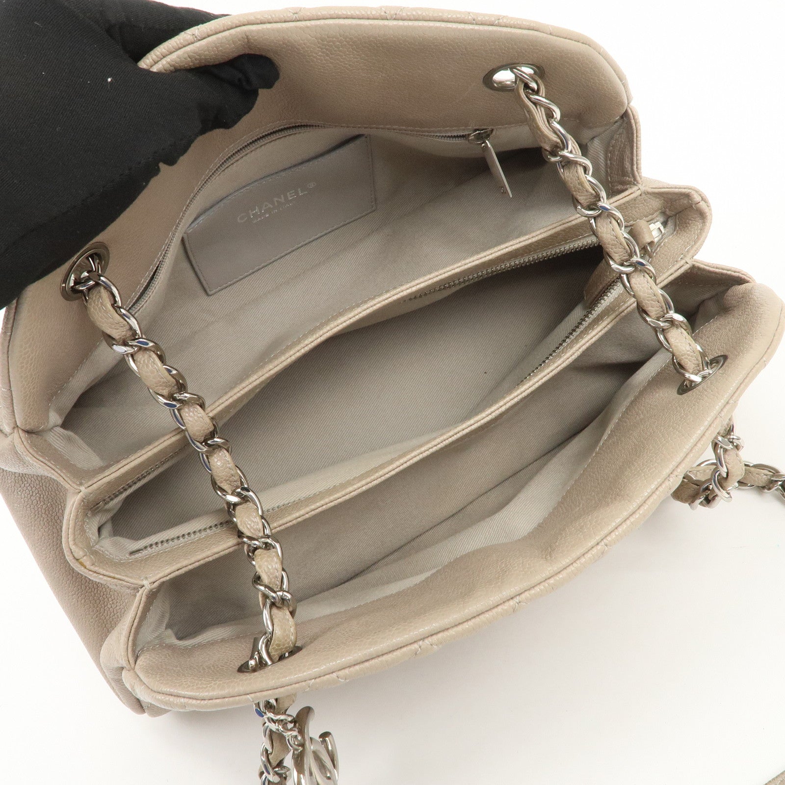 CHANEL Mademoiselle Caviarskin Shoulder Bag Hand Bag Greige Silver
