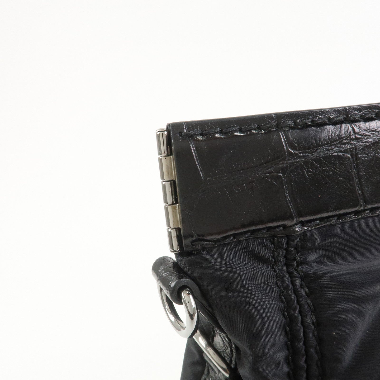 PRADA Triangle Logo Nylon Embossed Leather Hand Bag Black