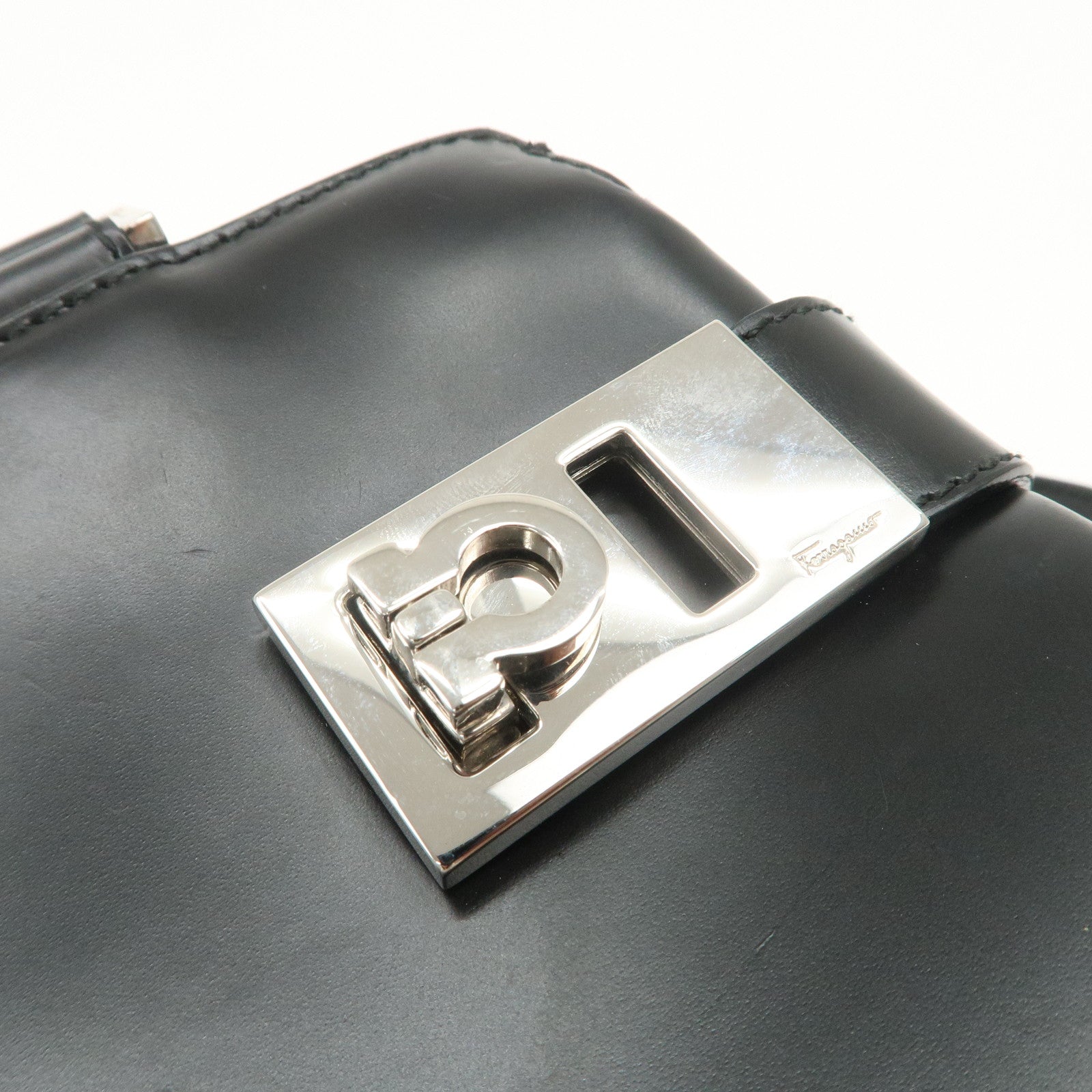 Ferragamo Gancini Leather 2Way Hand Bag Shoulder Bag Black Used