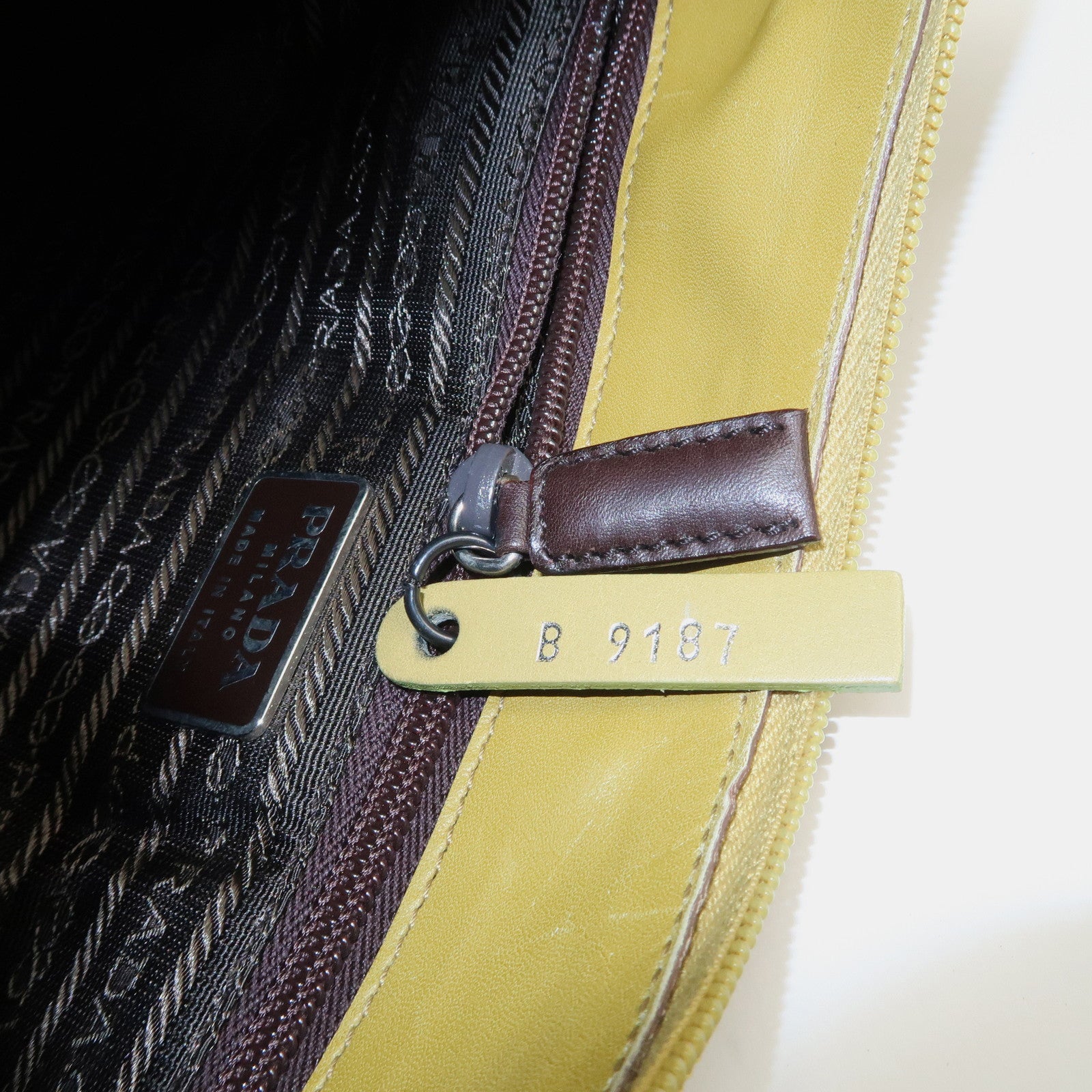 PRADA Leather Shoulder Bag Mustard Silver Hardware Used