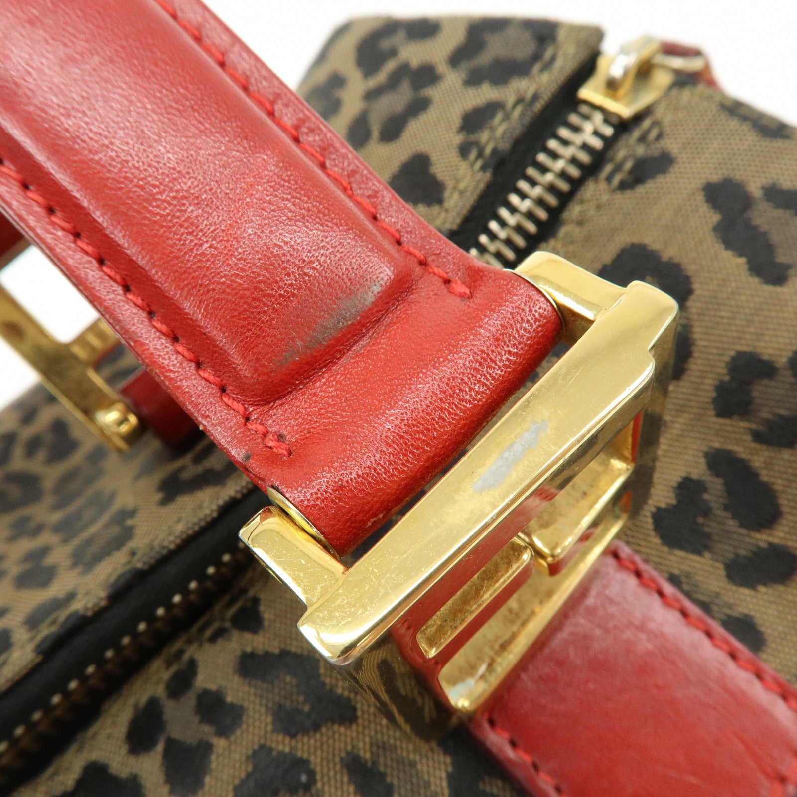 FENDI Canvas Leather Hand Bag Boston Bag Leopard Brown Red