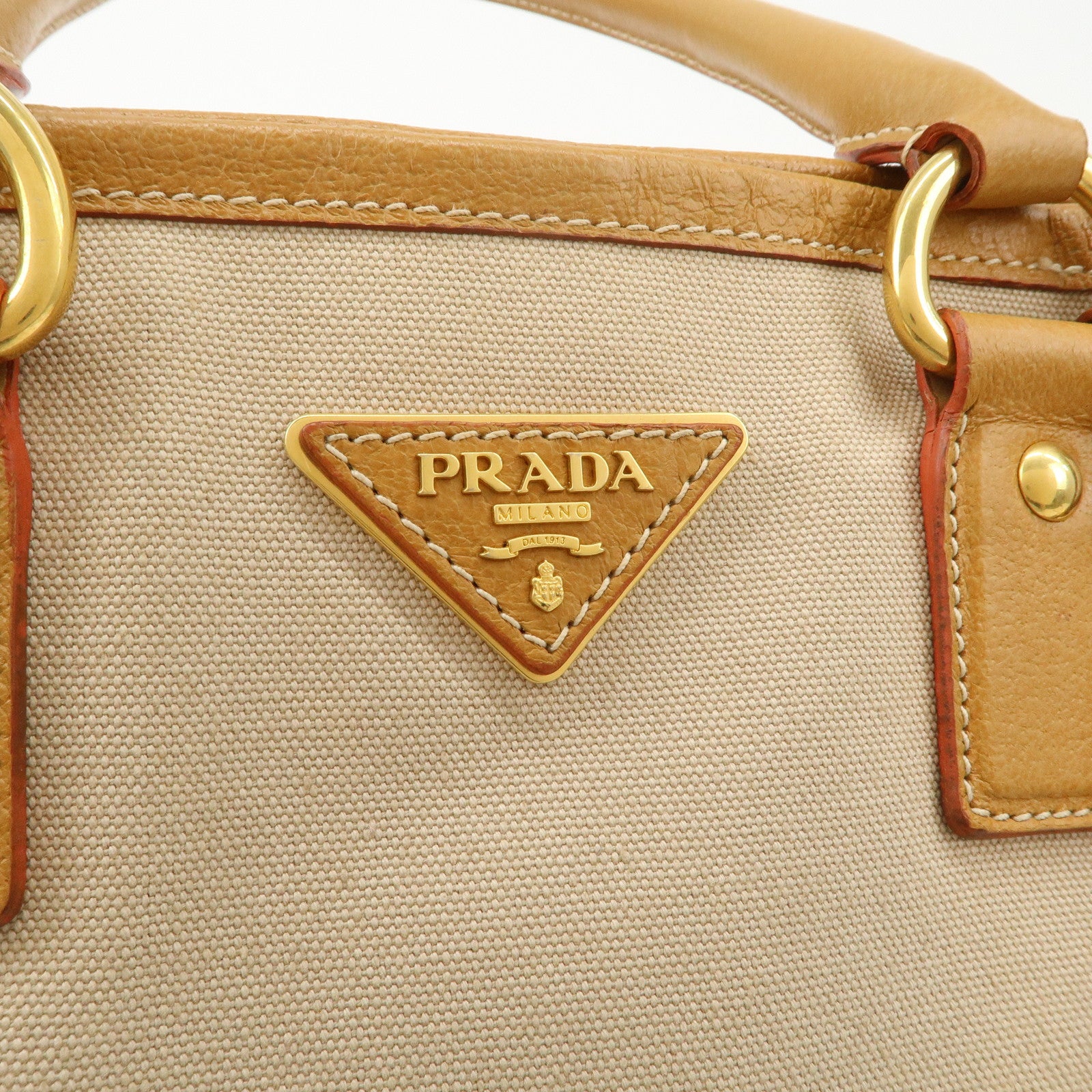 PRADA Triangle Logo Leather Canvas 2 Way Tote Bag Beige Brown