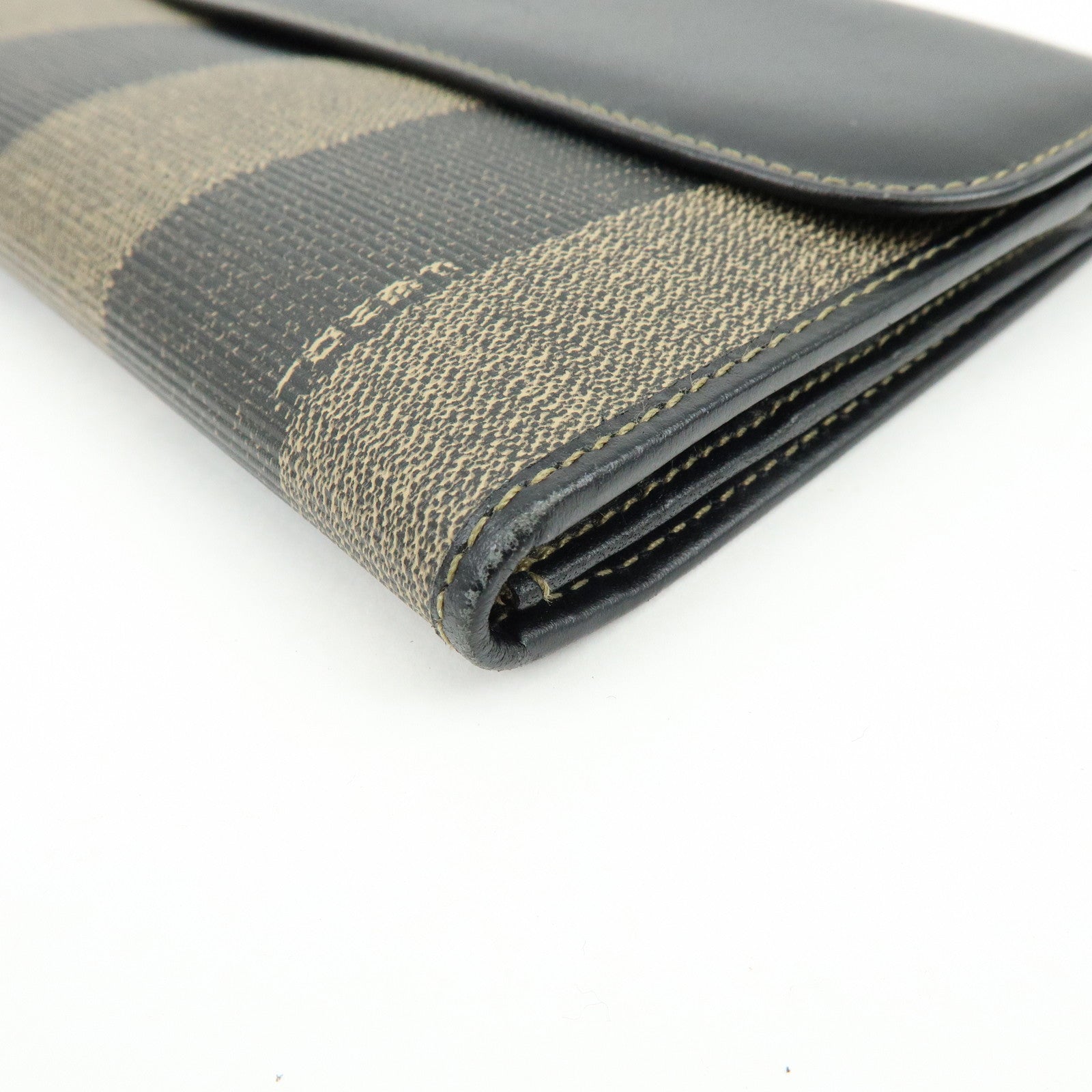 FENDI Pequin Leather PVC Long Wallet Beige Black 30806