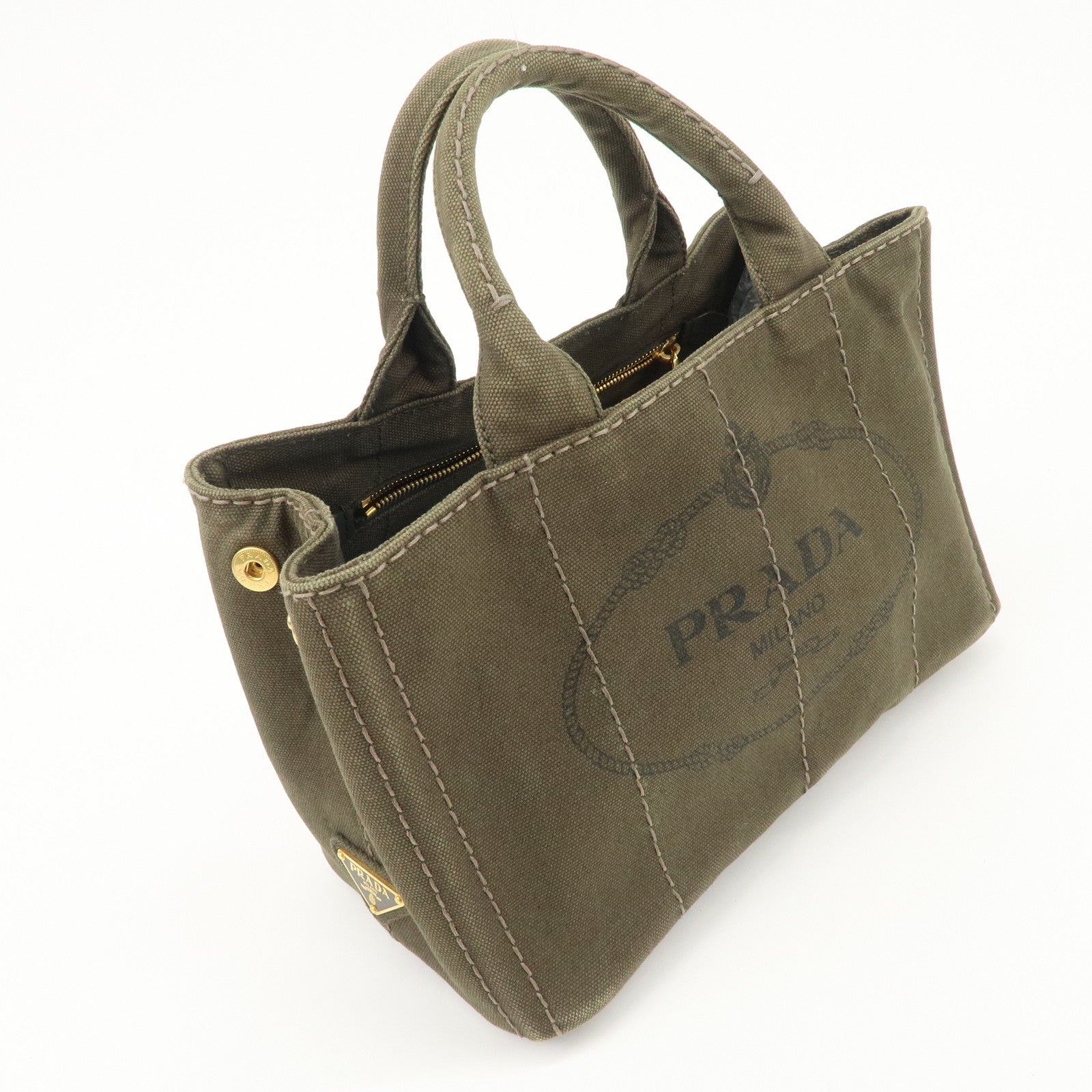 PRADA Canapa Mini Canvas Bag Hand Bag Tote Bag Khaki BN2439 Used