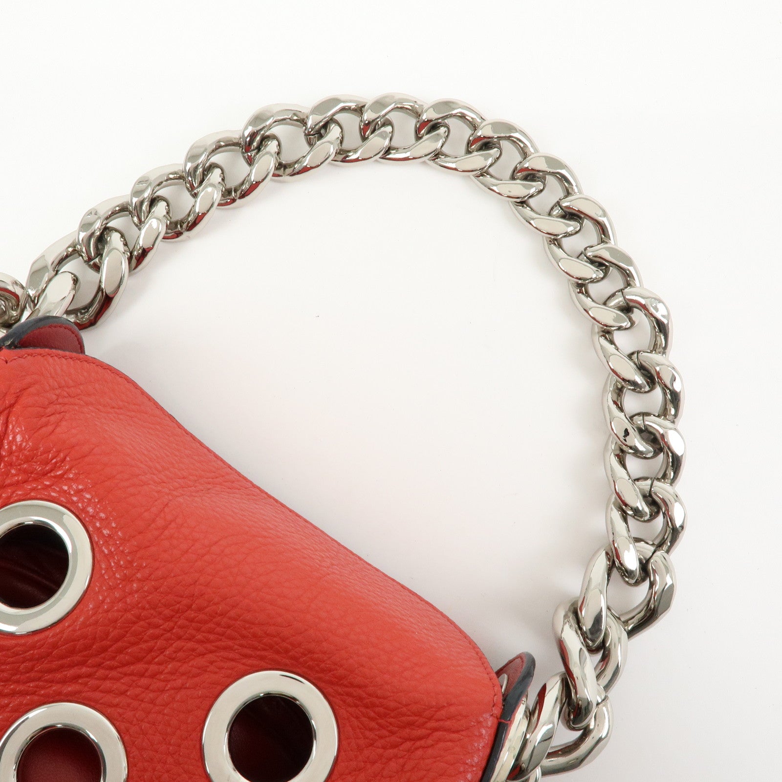 PRADA Grommet Leather Chain Shoulder Bag Hand Bag Red