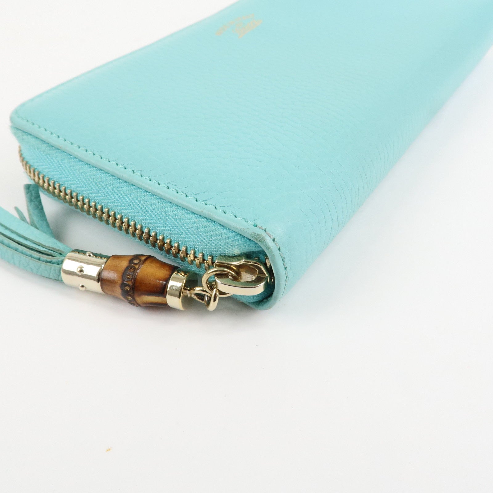 GUCCI Bamboo Leather Round Zippy Wallet Long Wallet Light Blue 307984 Used
