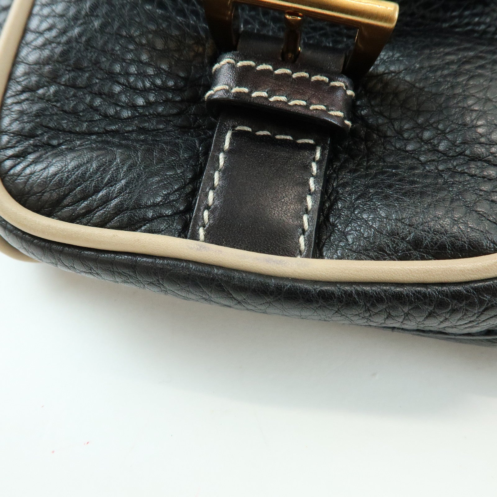 PRADA Logo Leather Stitch Shoulder Bag Hand Bag Black