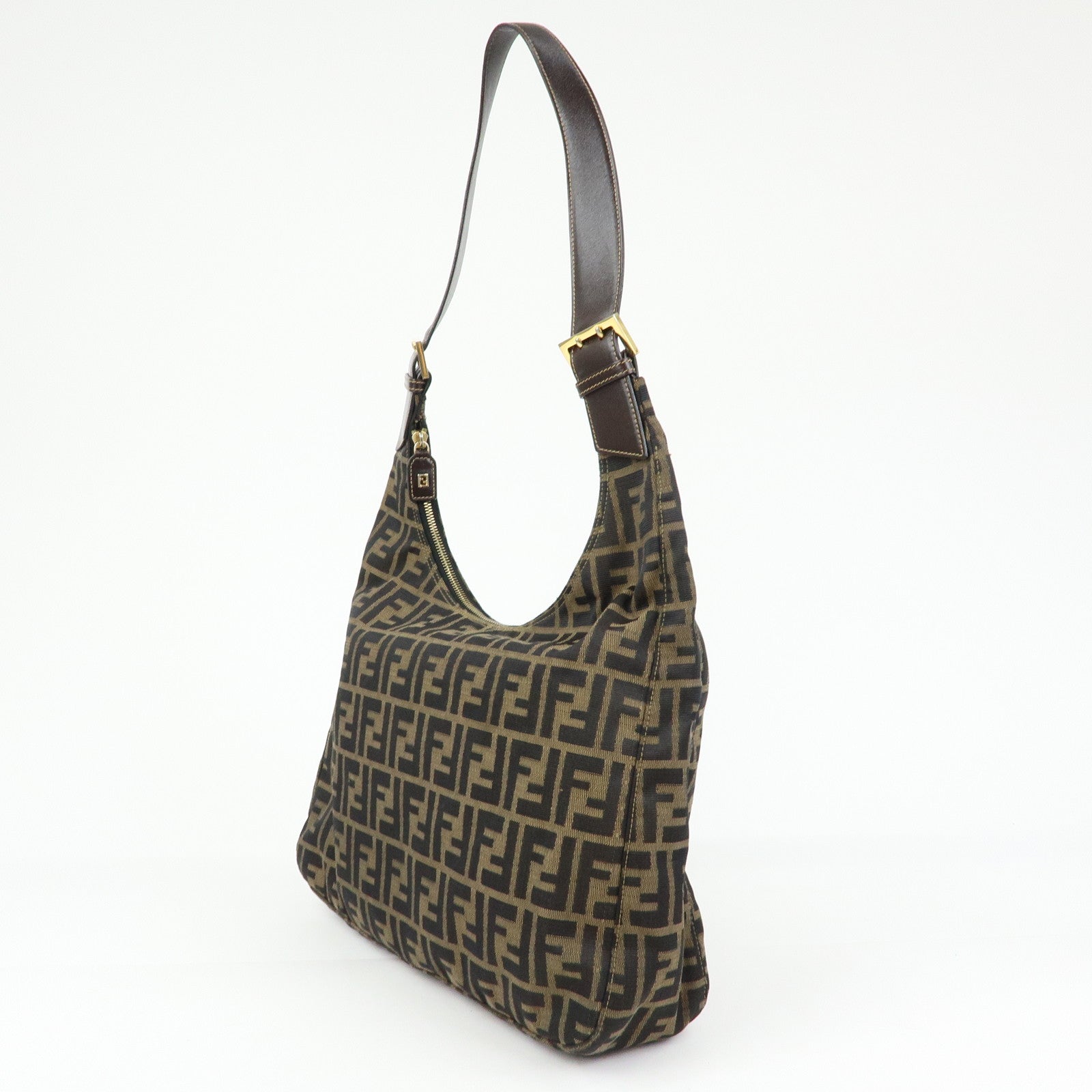 FENDI Zucca Canvas Leather Shoulder Bag Hand Bag Brown