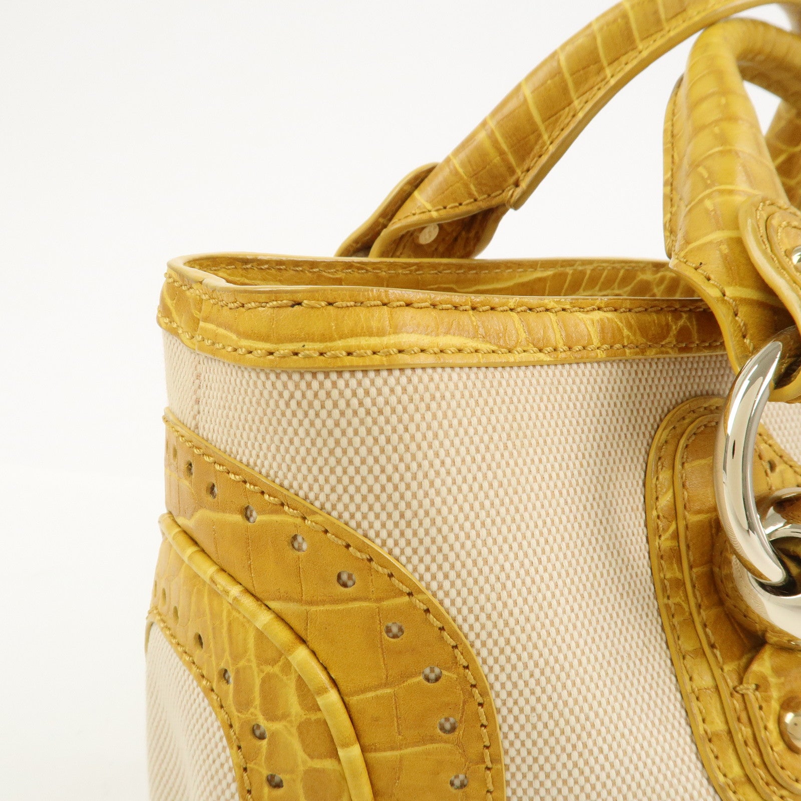 CELINE Boogie Bag Canvas Embossed Leather Hand Bag Natural Yellow